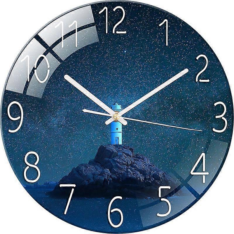 Glass Wall Clock Silent Non Ticking Wall Clock- 12 Inch Quality Quartz Battery Operated Round Clock for Home Office Lighthouse