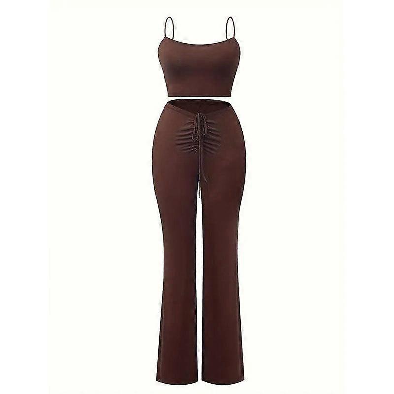Ladies Summer Casual Solid Colour Suspenders Drawstring Flared Pants Two Piece Set