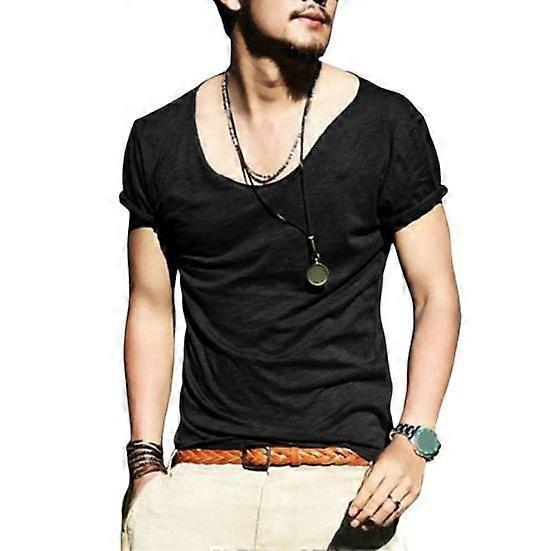 Men T-shirt Large V Neck Thin Solid Color Slim Fit Soft Short Sleeves Mid