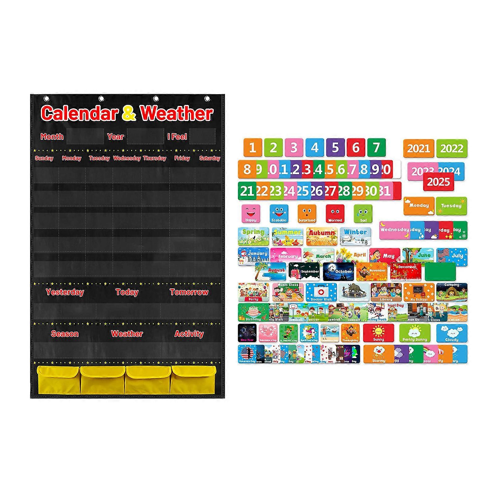 Classroom Calendar Pocket Chart with 114 Cards Monthly Calender Pocket Chart Kids Learning Materials for Kindergarten Black