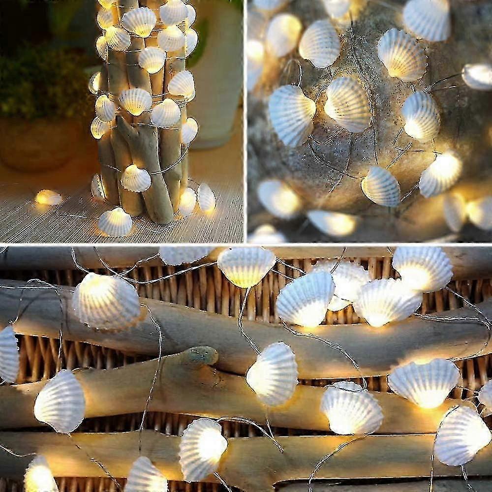 Ocean Real Seashell 0.8"(h) 40 Led String Lights 13.85ft Battery Operated Waterproof Warm White With Timer And Remote Control For Beach Themed Decor B