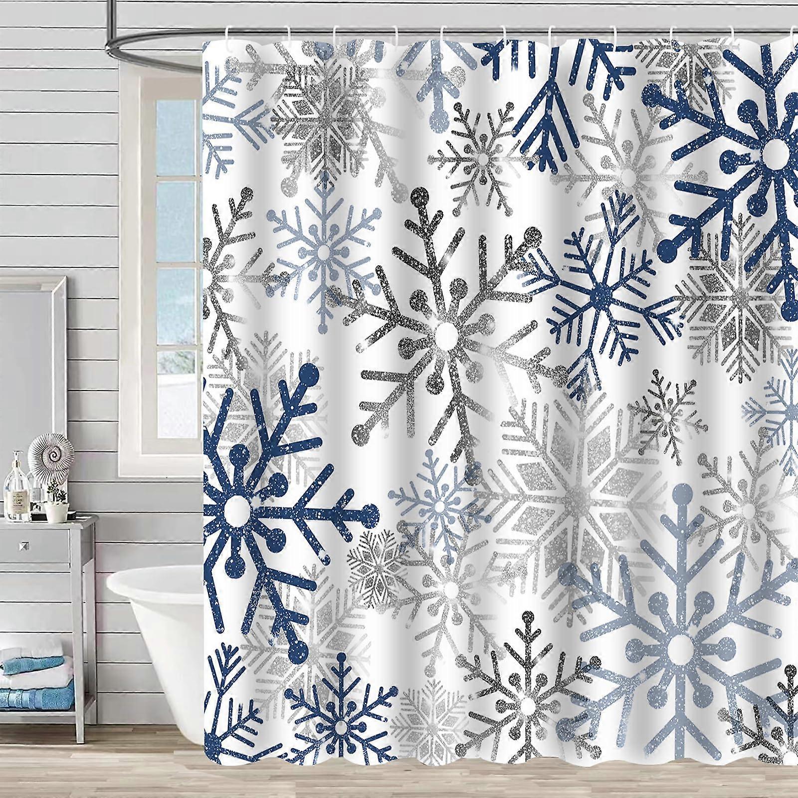 Set of Christmas Winter Snowflake Silver Grey Blue Shower Curtain for Bathroom Use with 12 Plastic Hooks 72 x 72 Inch