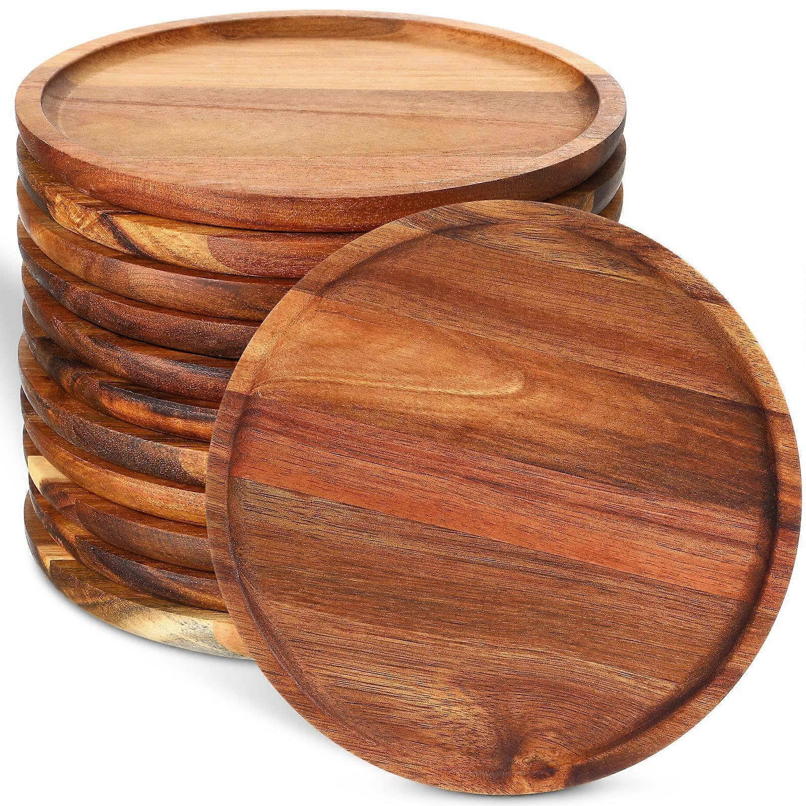 Acacia Round Dinner Plates Set of 12, 8 Inch Wooden Charger Plates for Sandwiches, Snacks, Desserts, Salads, Easy Clean