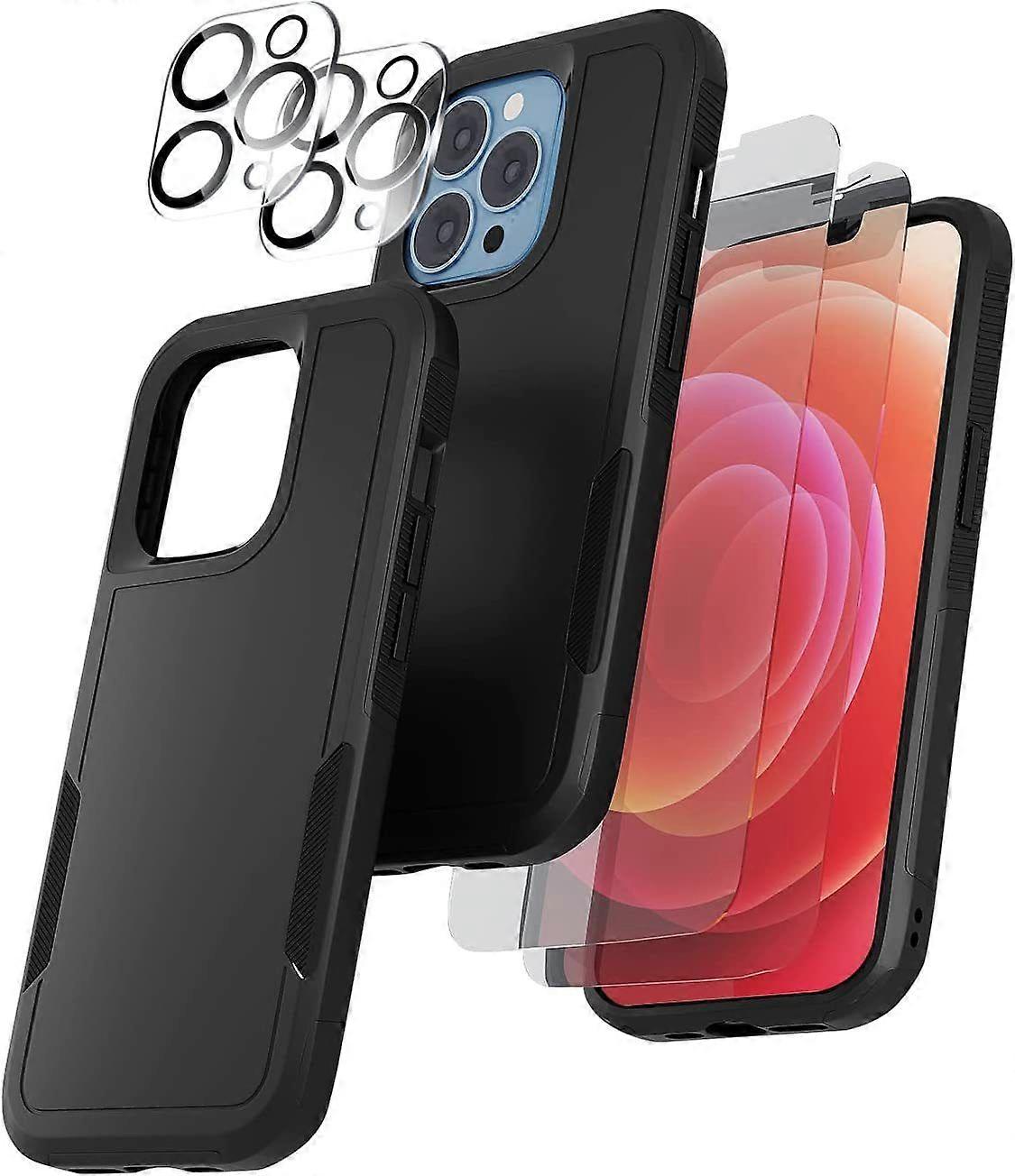 [5 in 1]Shockproof Protective Case for iPhone 14 with 2Pack Tempered Glass Screen Protector+2Pack Camera Lens Protector Case