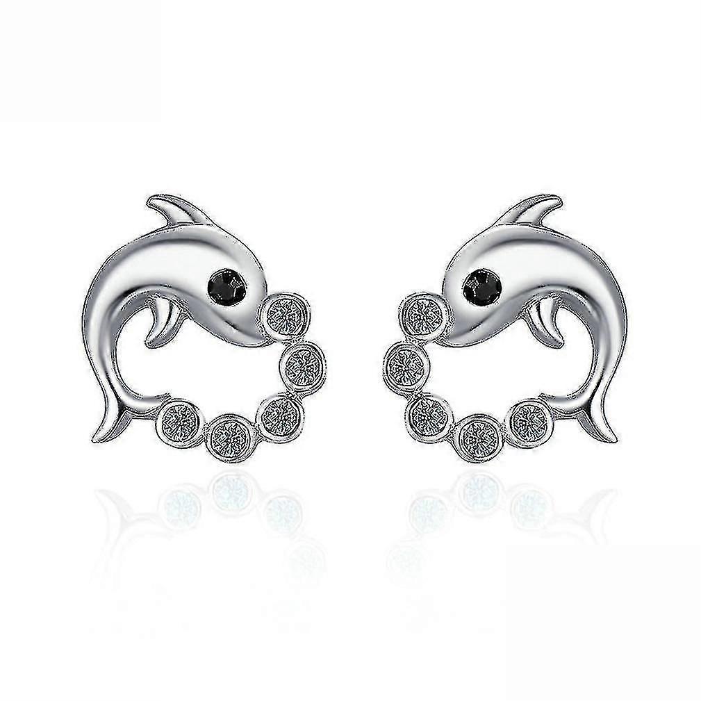 Earrings Dolphin Sterling Silver S925 Platinum Plated Zircon Ear Studs For Wedding