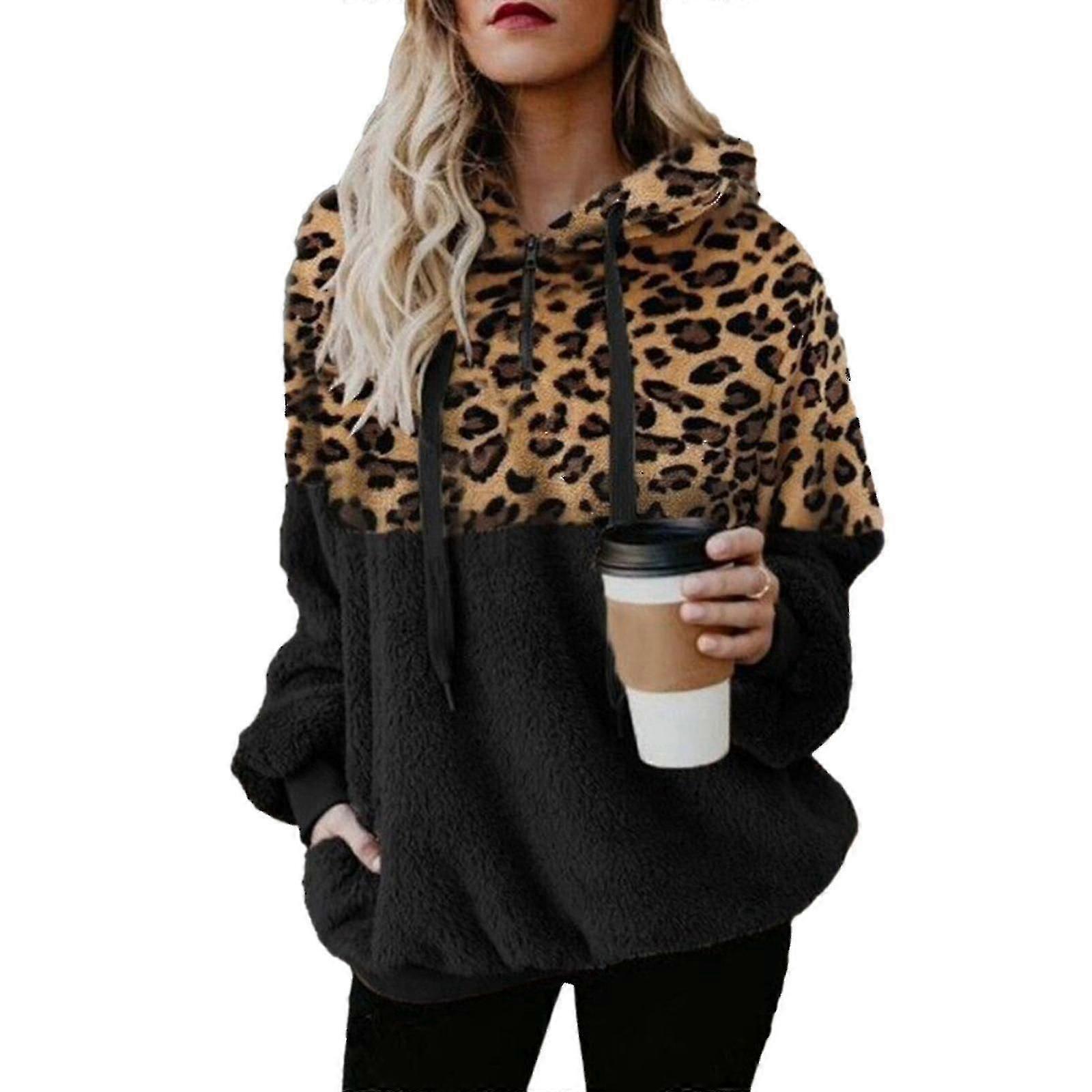 Hoodie For Women Leopard Print Plush Sweatshirt With Pockets Drawstring Hood