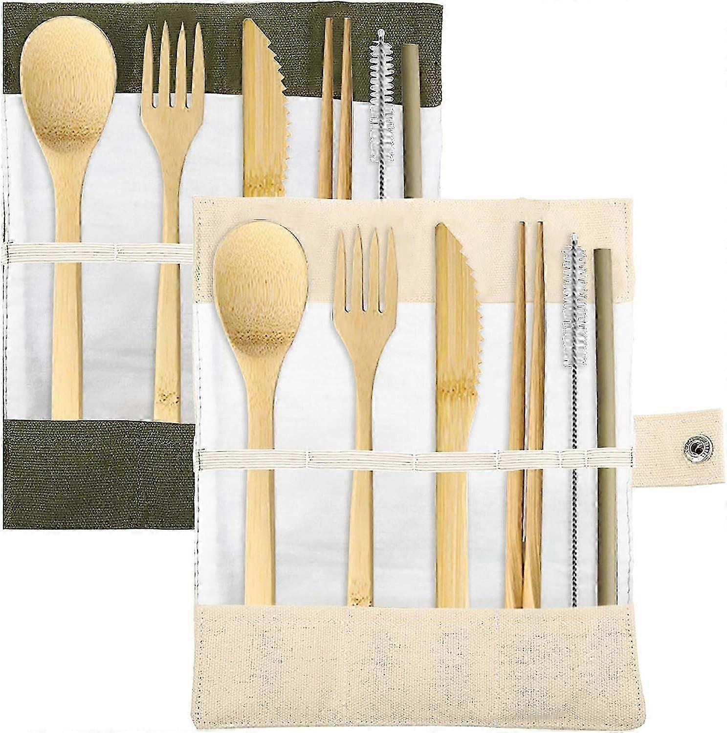 Set of 2, Bamboo Utensils Cutlery, Reusable Cutlery Travel Set, Bamboo Spoon, Fork, Knife, Brush, Chopsticks and Straw, Eco-Friendly Portable Utensils