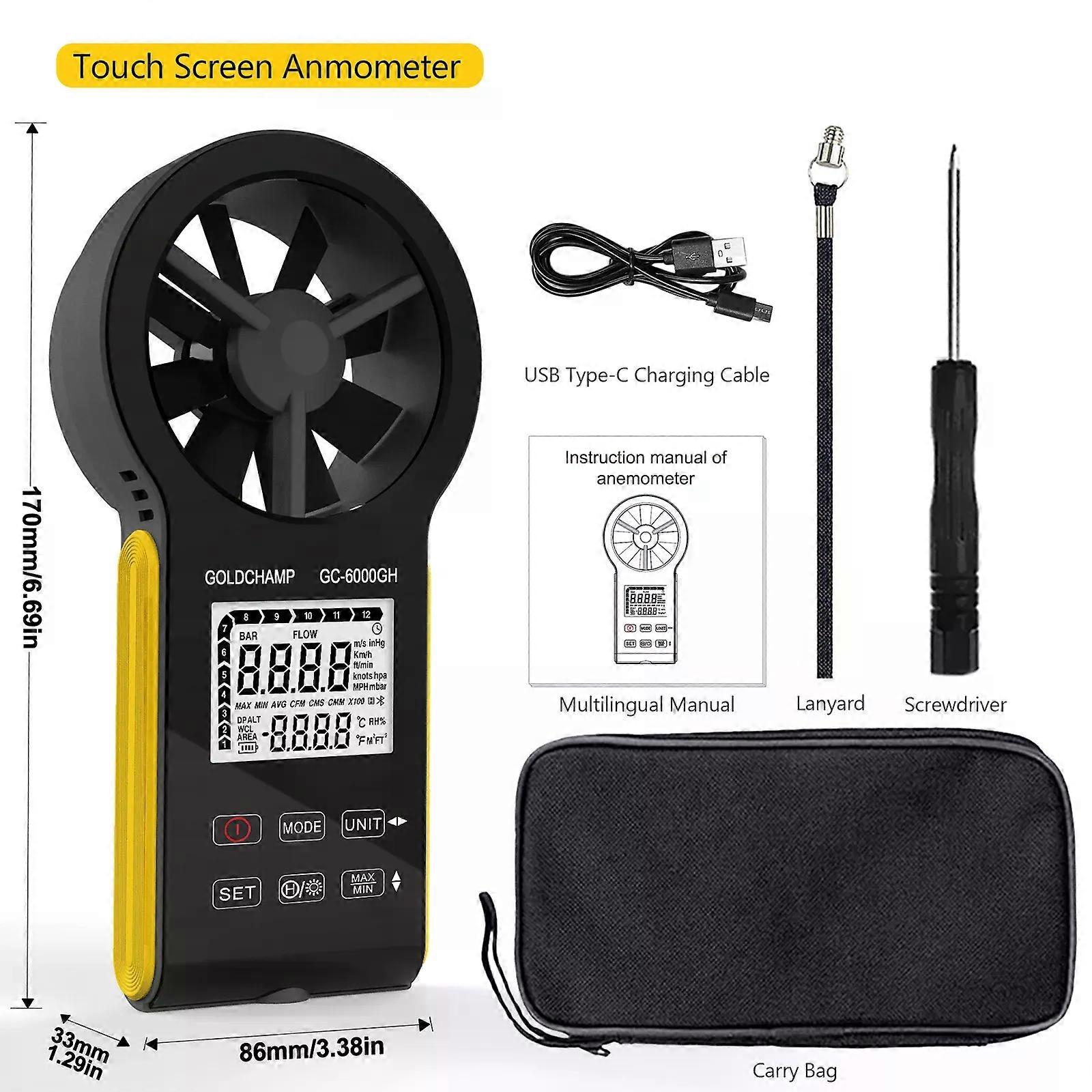 Rechargeable Handheld Anemometer-Digital Touch Wind Speed Meter compatible for Air Flow Velocity & Temperature Measurement, HVAC Use