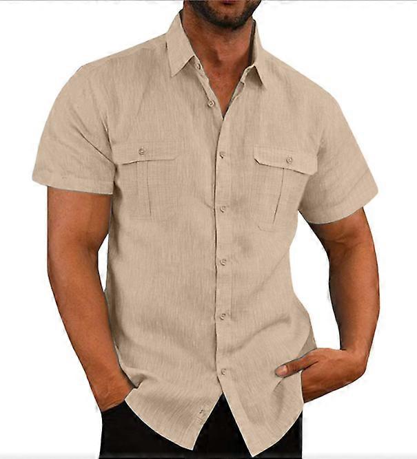 Linen Men Short-Sleeved Shirts Summer Stand-Up Collar Casual Beach Style