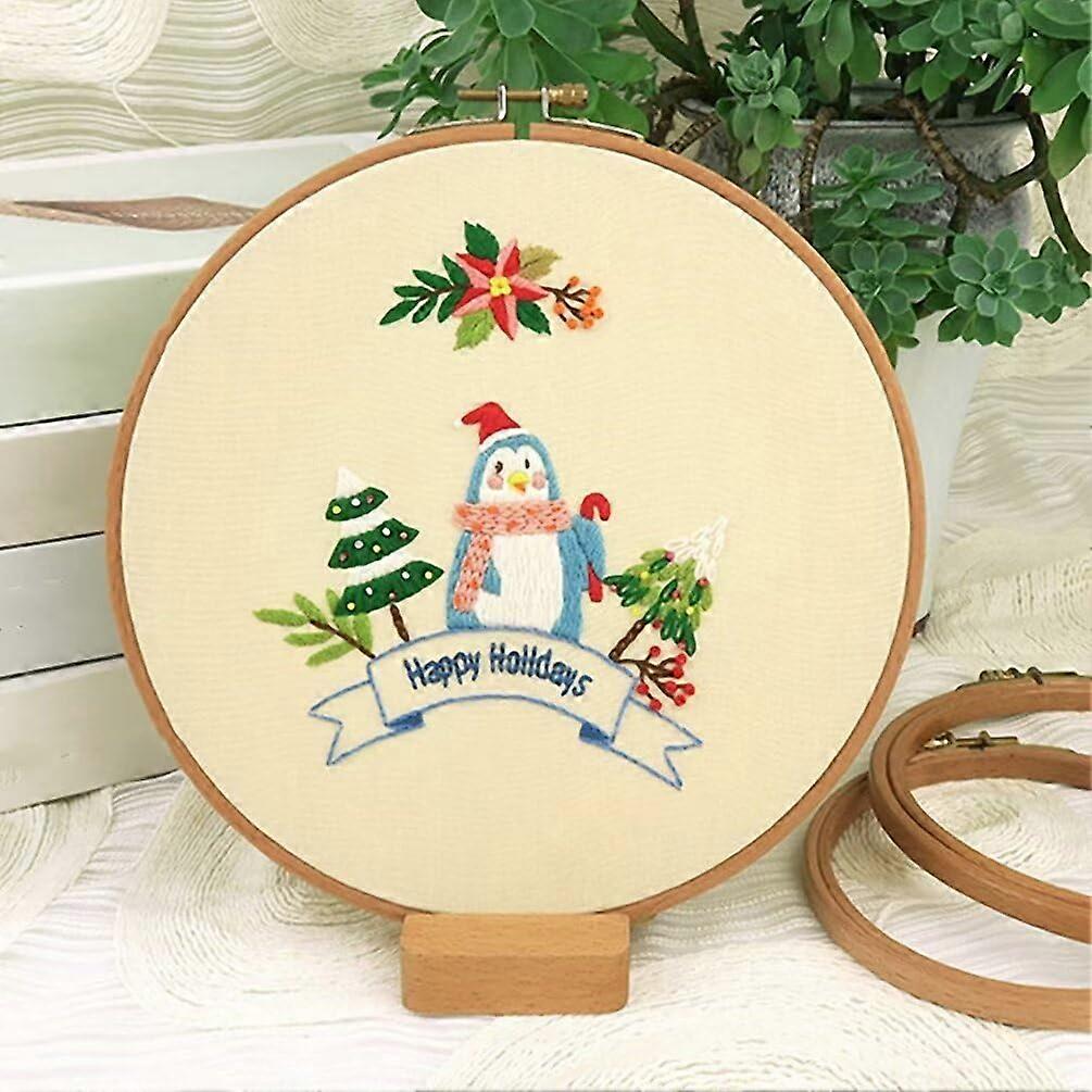 Christmas Embroidery Kit for Beginners, Merry Christmas Penguin with Hoops Needles Threads