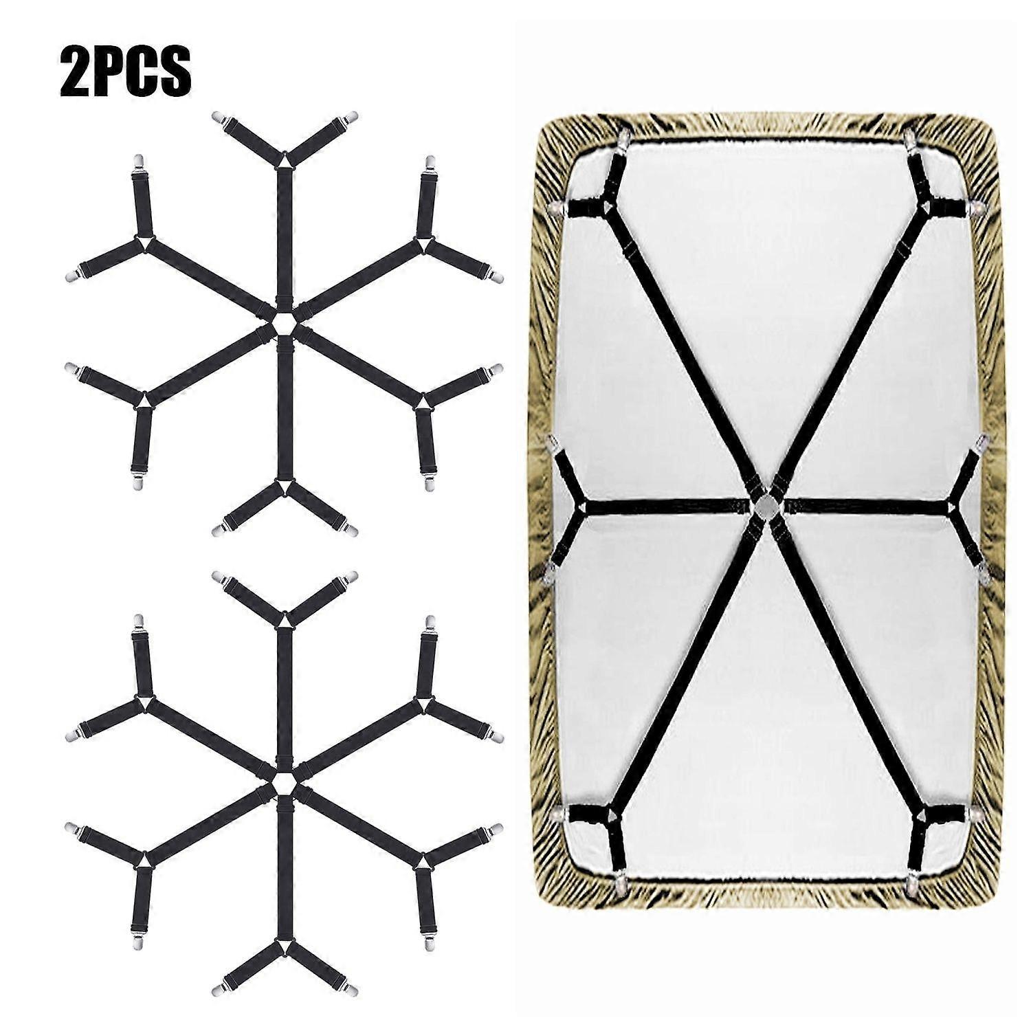 2 Pack Adjustable 6-Way Sheet Tie Clips, Elastic Sheet Ties, Fitted Sheet Tighteners, Mattress Single Corner Fastener Holder And Suspenders, Black