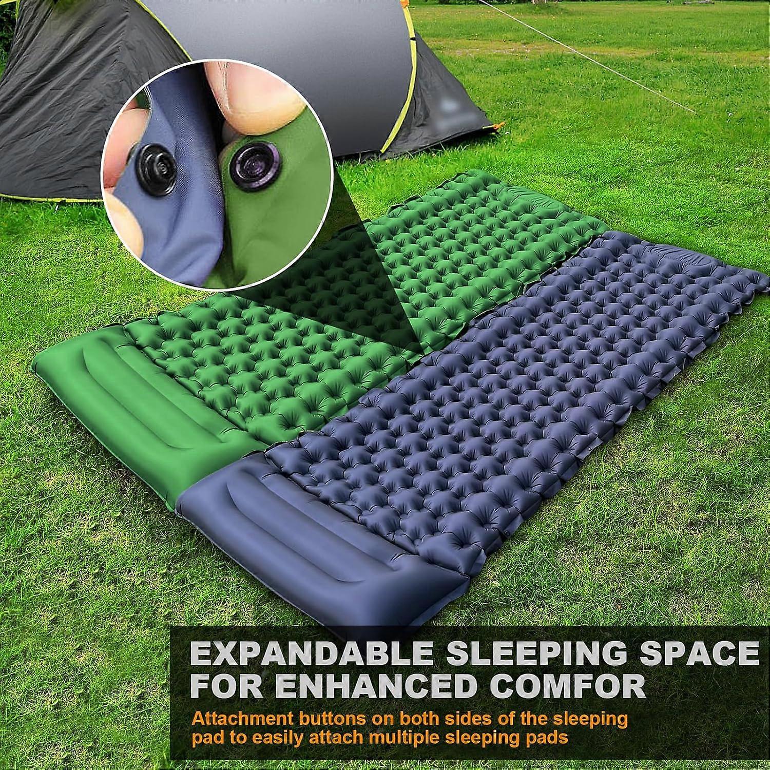 Green ultralight inflatable sleeping pad with built-in pillow, a must-have for camping