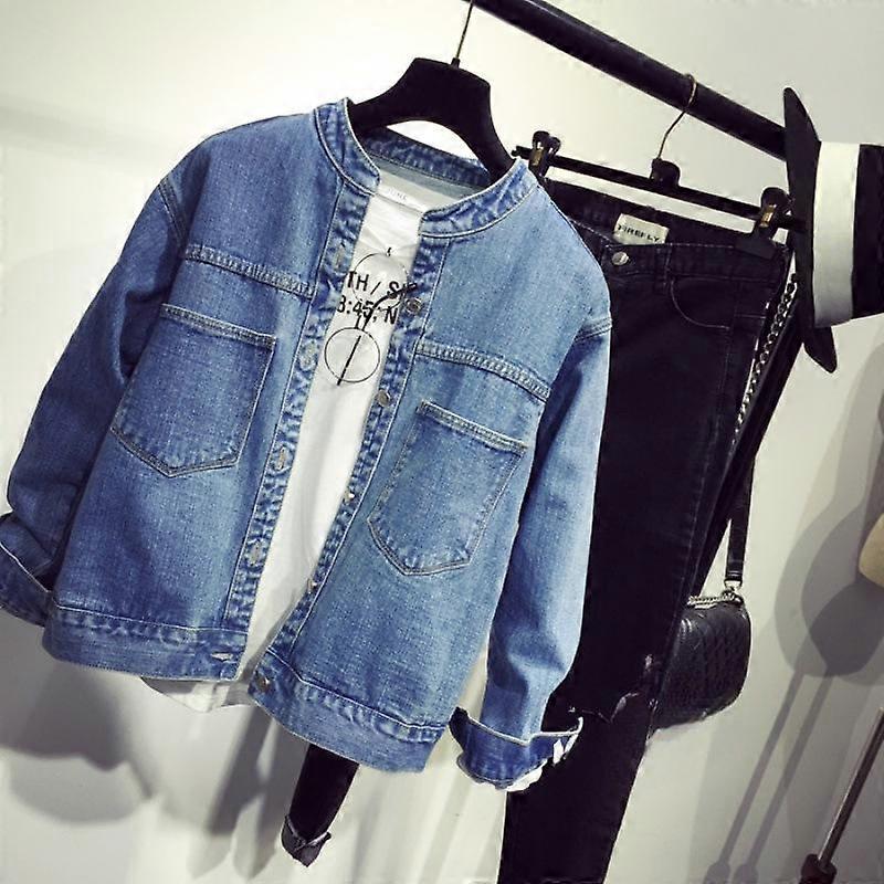 Denim Jacket Women's Loose Autumn Retro Stand-up Collar Big Pocket Student Korean Short Denim Jacket
