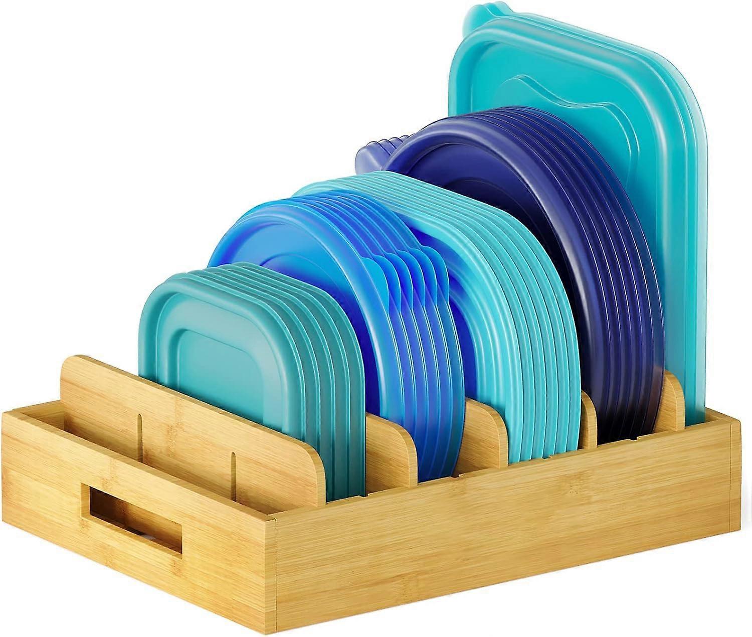 Bamboo Pot Lid Organiser with 5 Adjustable Dividers for Kitchen Cabinet Drawer Storage and Lid Holder