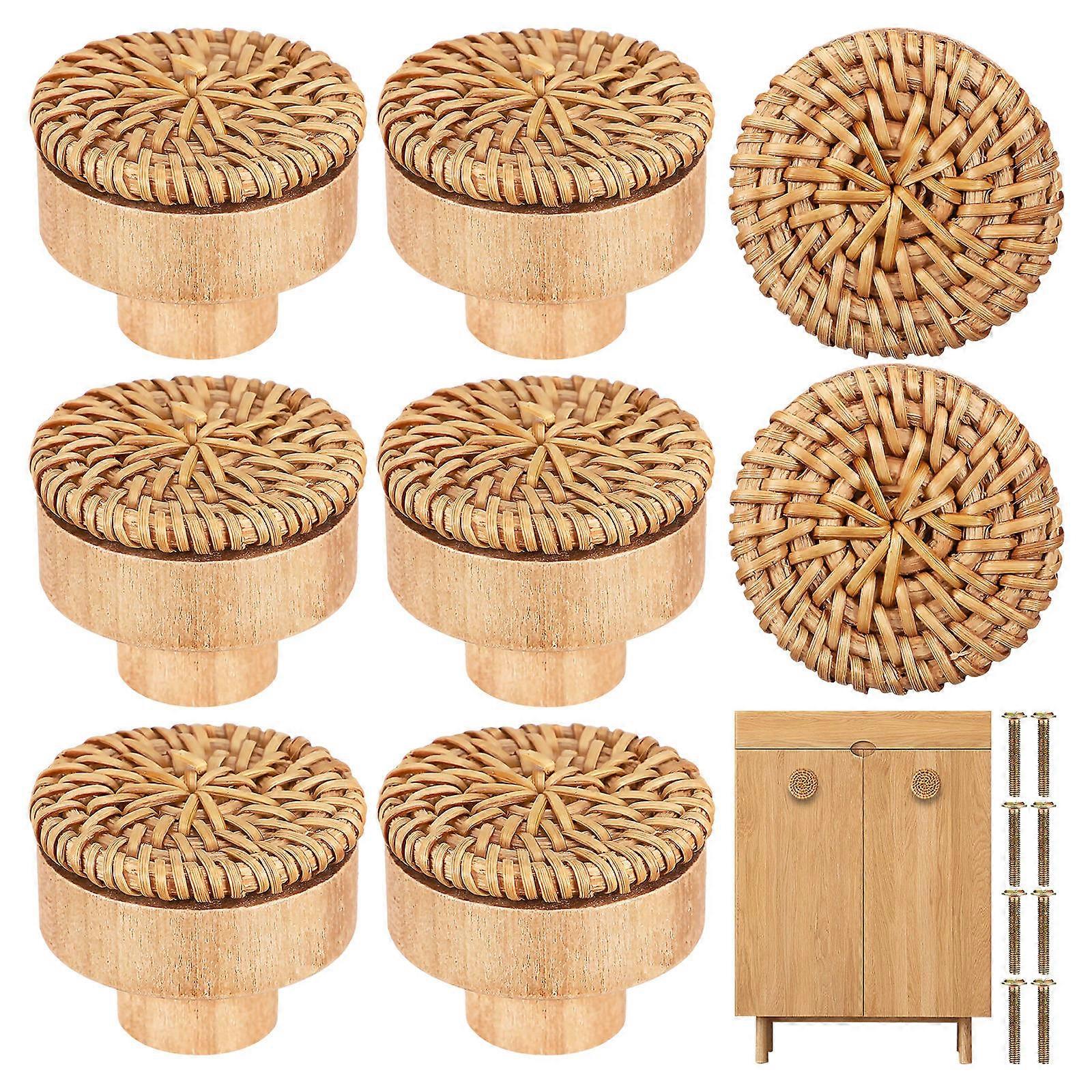 Rustic Drawer Knobs Wooden Furniture Enhancement Rattan Woven Round Handles for Cupboards 8Pcs