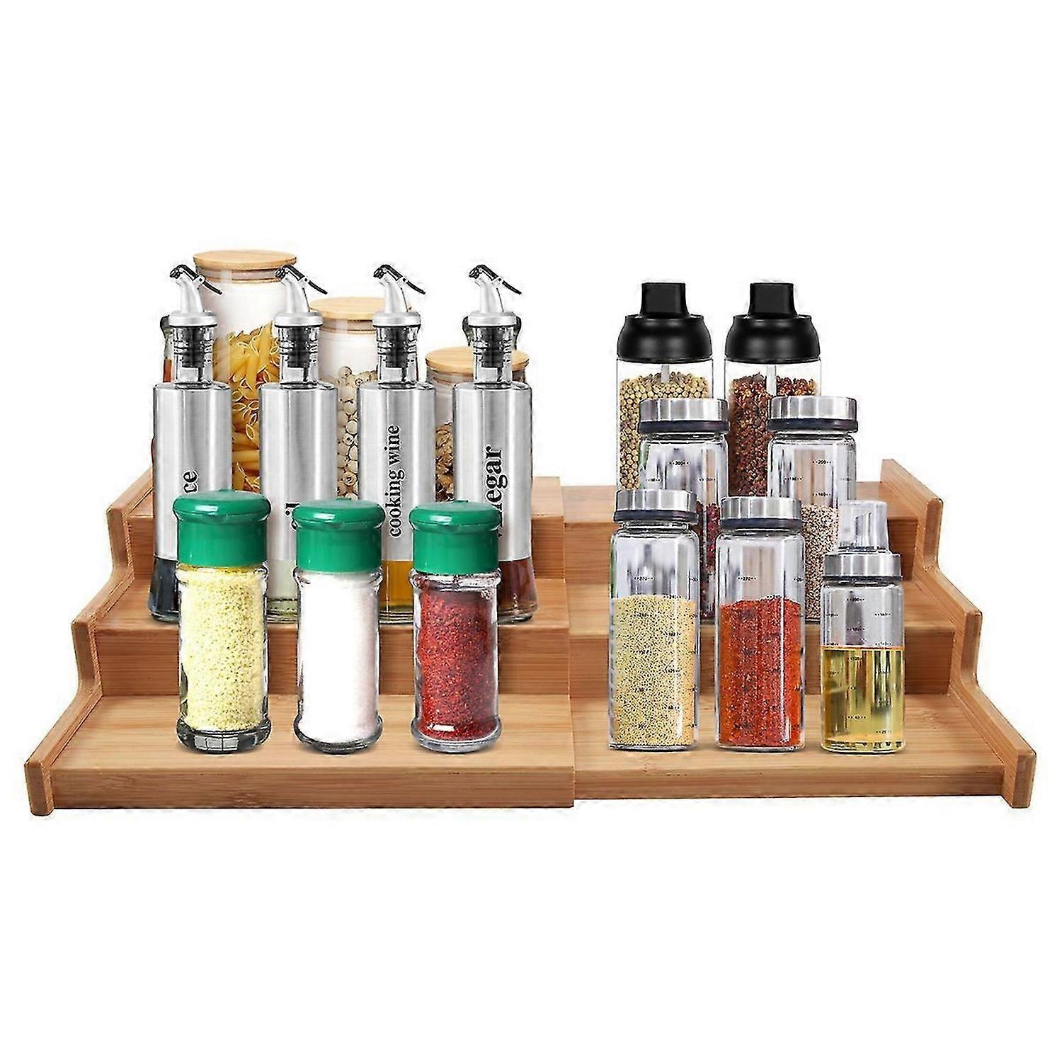 Spice Rack Kitchen Cabinet Organizer- 3 Tier Bamboo Expandable Display Shelf, Bamboo 3-Layer Adjusta