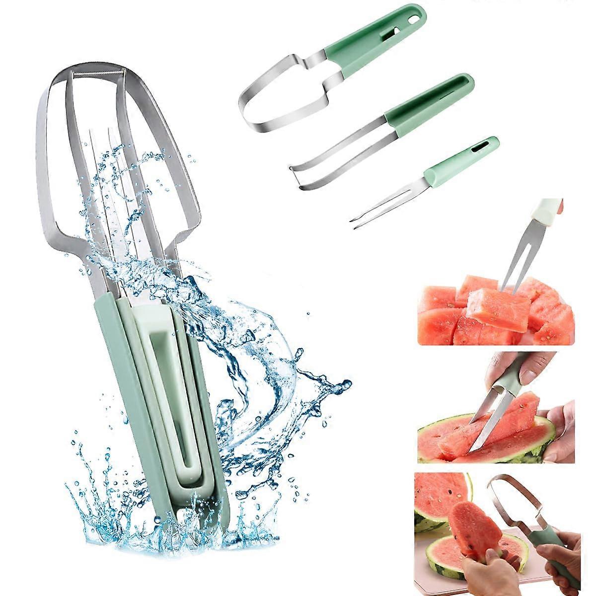 3-in-1 Stainless Steel Fruit Cutter, Watermelon Melon Slicer, Multifunctional Cutting Fork for Cantaloupe Papaya Dragon Fruit - Green
