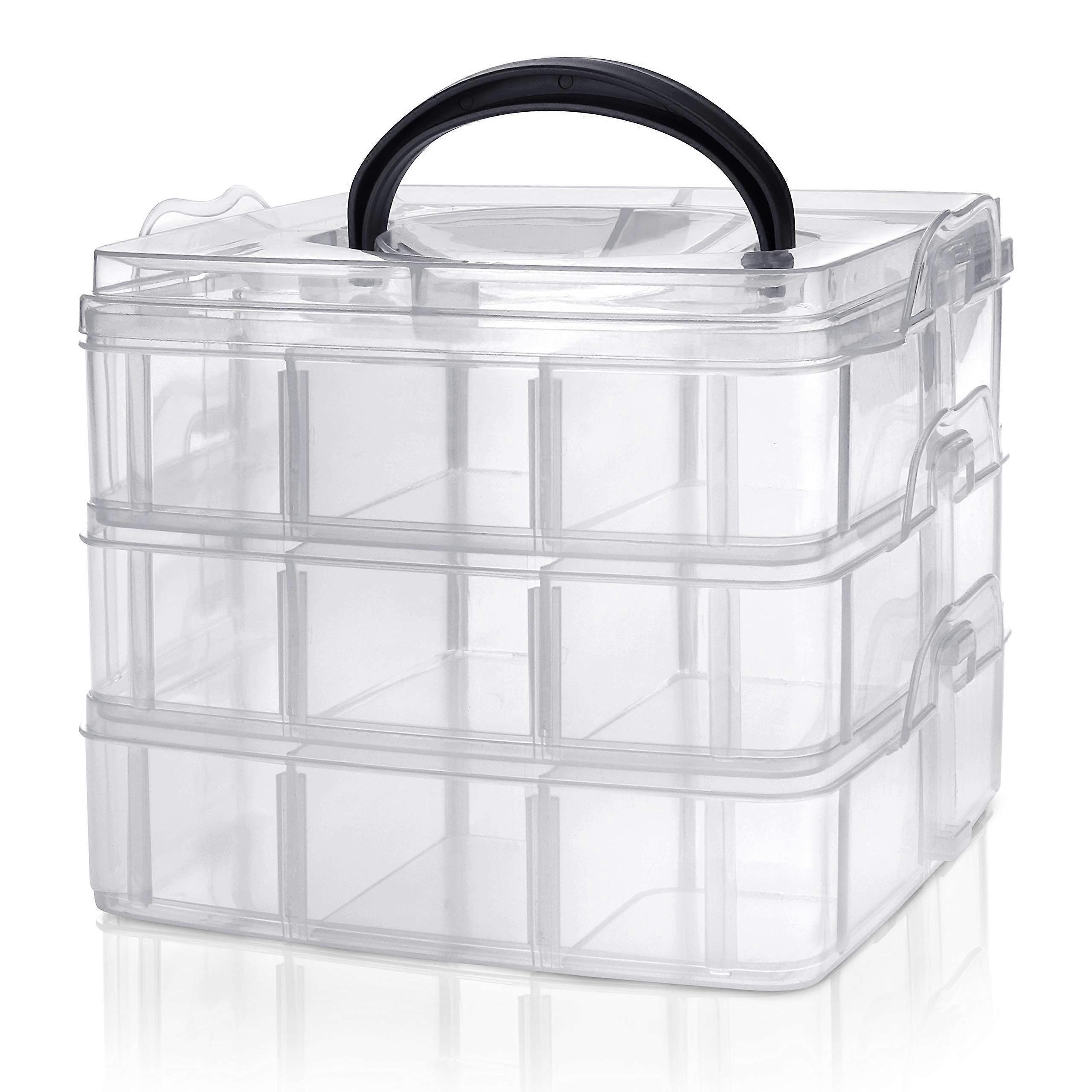 Kurtzy 3-Tier Stackable Plastic Transparent Storage Box with 18 Adjustable Compartments for Jewelry, Sewing Threads, and Accessories