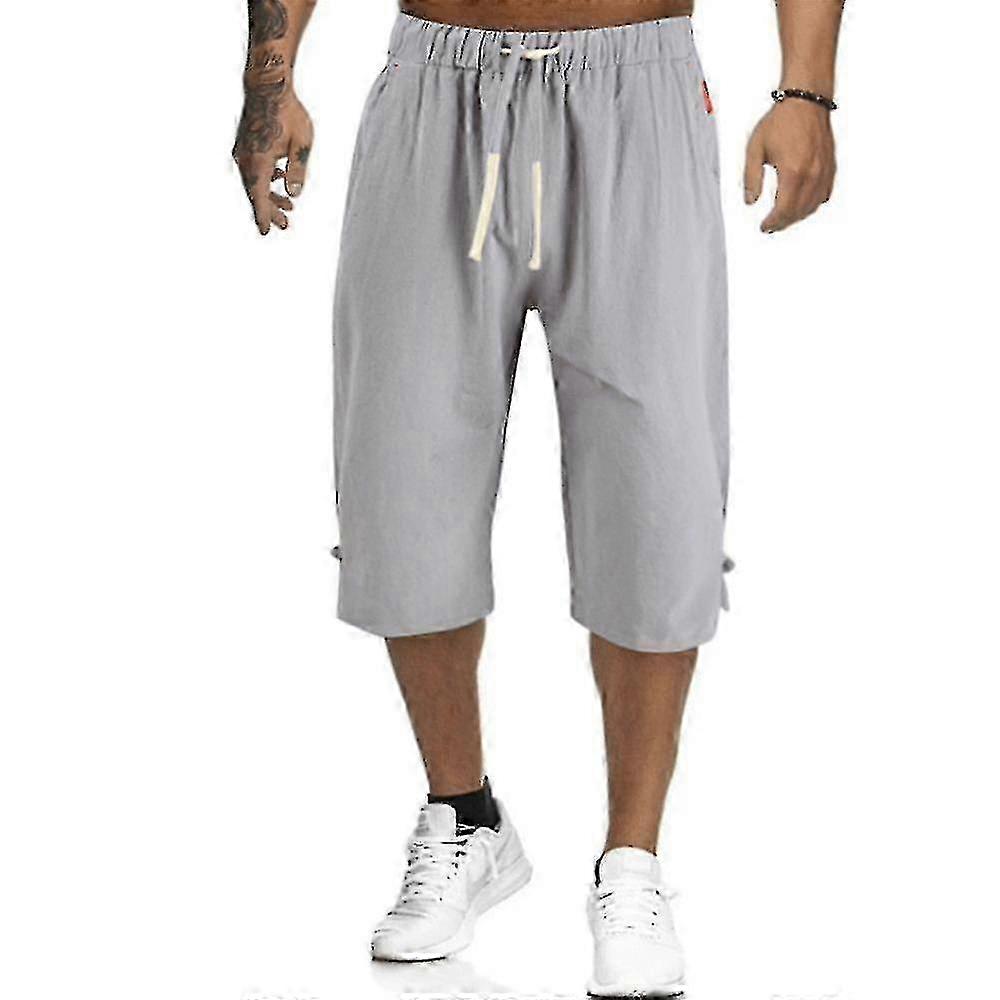 Erkekler Yaz Keten Görünüm Capri Pantolon Günlük Elastik Bel 3/4 Boy Pantolon Plus Size