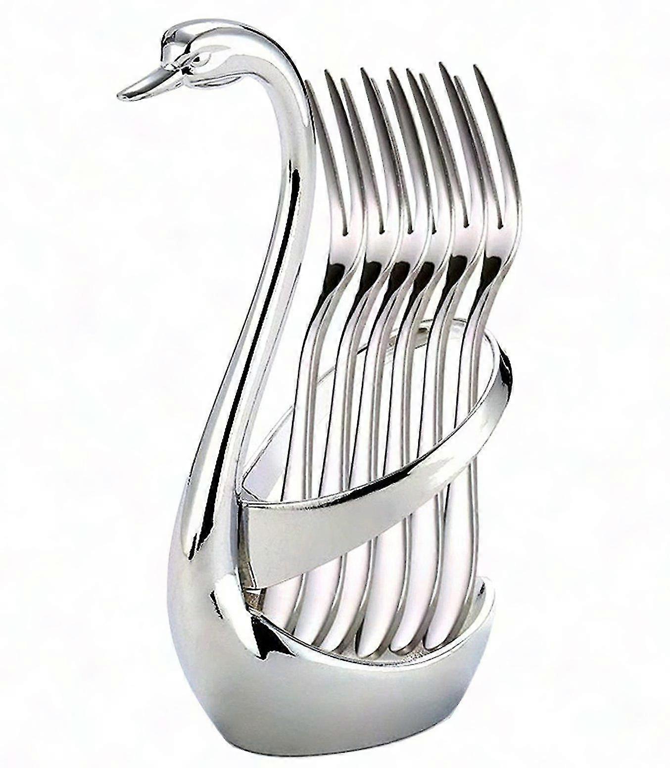 Conjunto de Garfos de Aço Inoxidável Swan Fruit com Suporte de Armazenamento - Conjunto de Talheres de 6 Garfos de Bolo