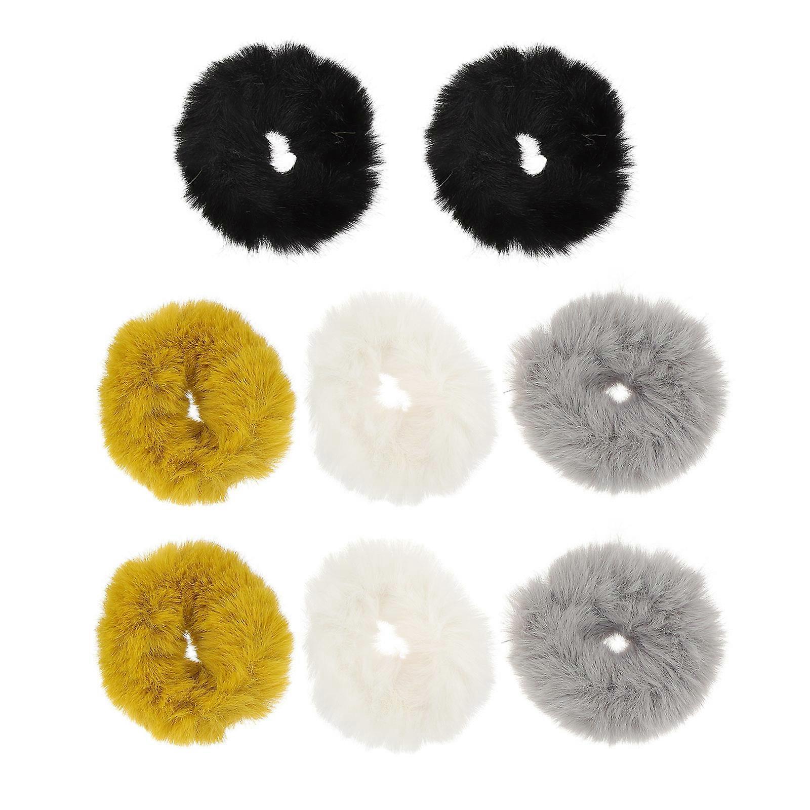 8pcs Soft Fluffy Elastic Hair Ties for Women – Stretchable Ponytail Holders in Black, Grey, Mustard, White – Simple Design for Daily, Party, School