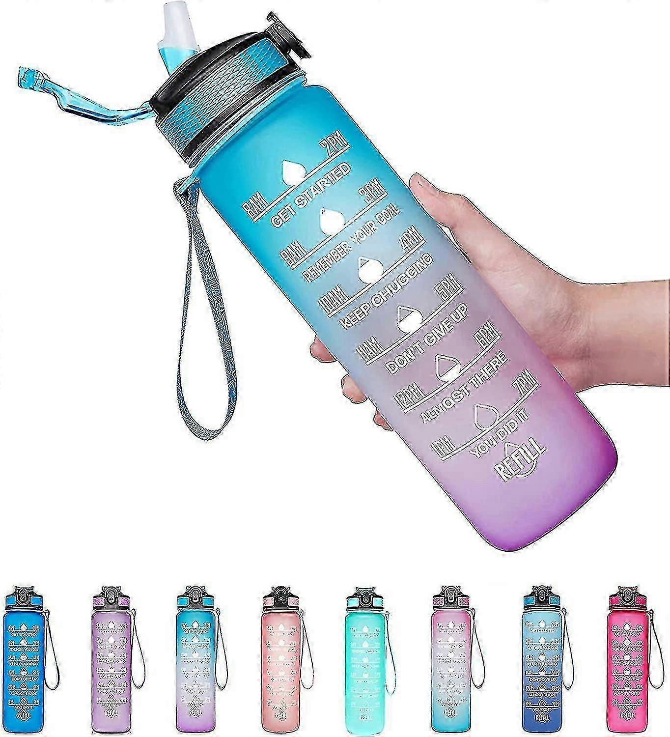 AURA 32oz Leakproof Drinking Water Bottle With Time Marker Amp; Straw To Ensure You Drink Enough