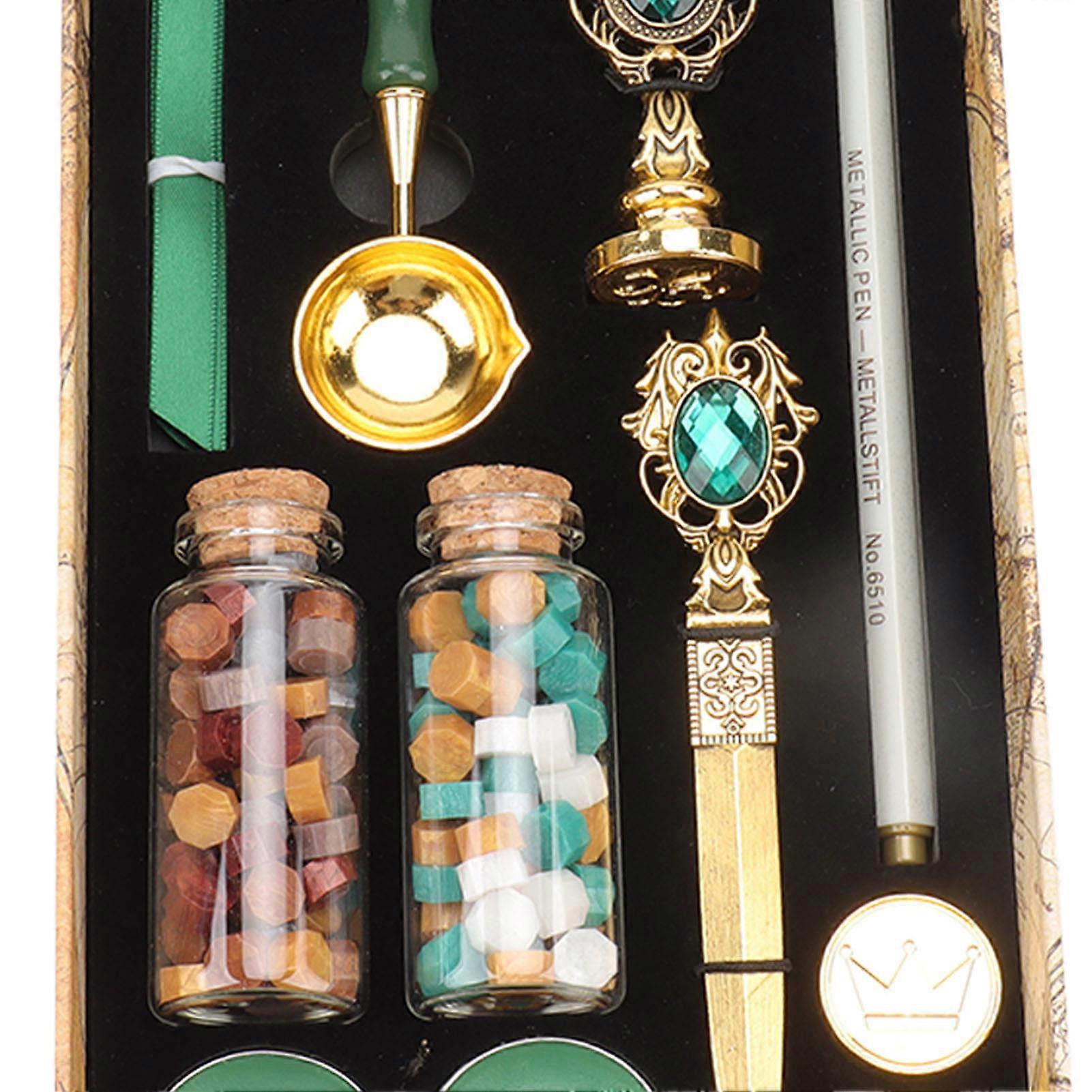 Wax Sealing Stamp Kit Clear Pattern Rich Colors Detachable Anti Scalding Vintage Wax Sealing Set with Handle for DIY Gifts Dark Green
