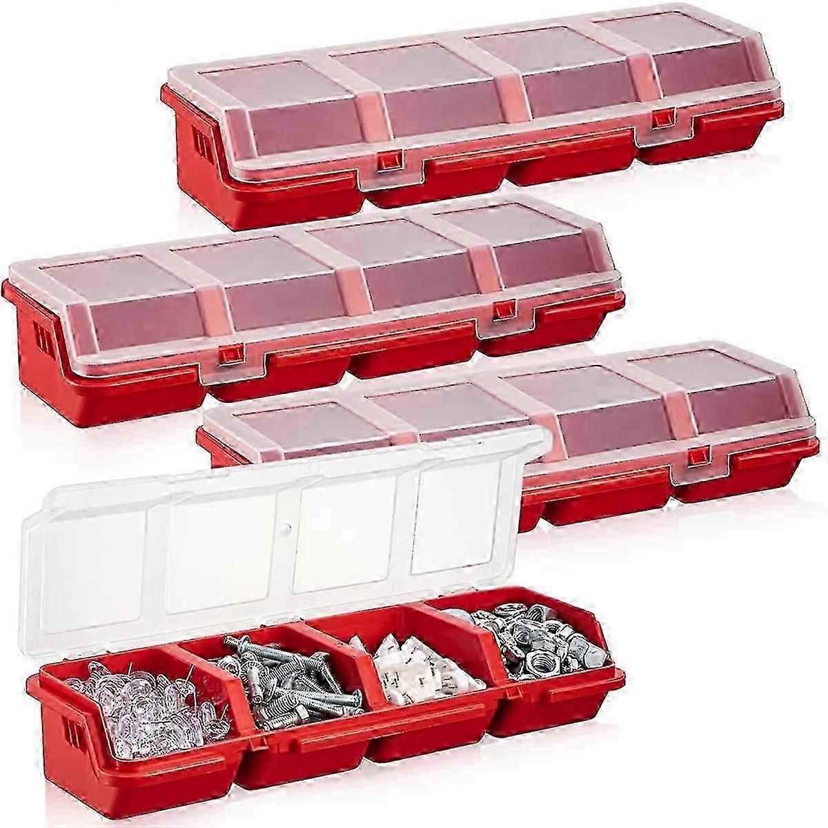 4-Piece Plastic Screw Organizer Set with Lockable Compartments - Red Hardware Storage