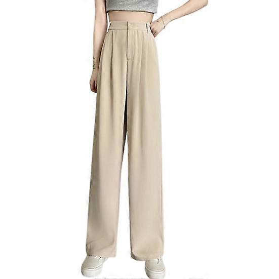 Women Suit Pants Elastic High Waist Button Zipper Fly Long Trousers Solid Color Straight Wide Leg Office Pants Streetwear
