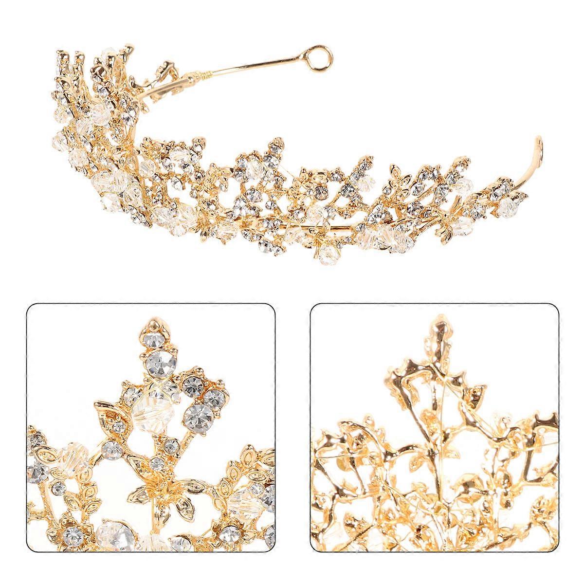 ゴールデンレディースクラウンブライダルクラウンウェディングヘアデコレーションアロイラインストーンクリスタルパーティー用1ピース