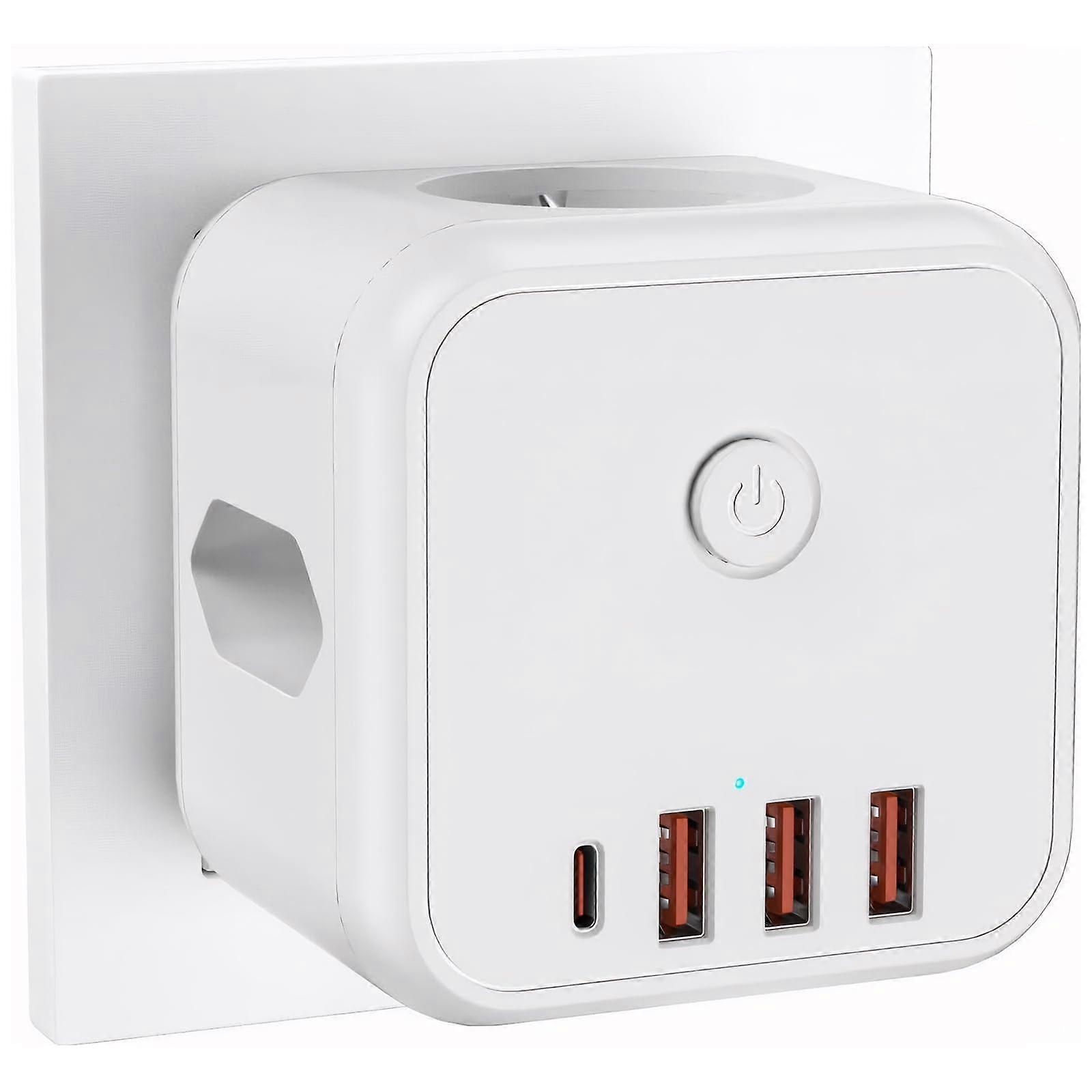 7in1 Socket Cube, Multiple Socket, Socket Adapter with 4 USB 3 Ports, Power Strip Distributor, 4000W Cube Power Strip for Home, Office, White