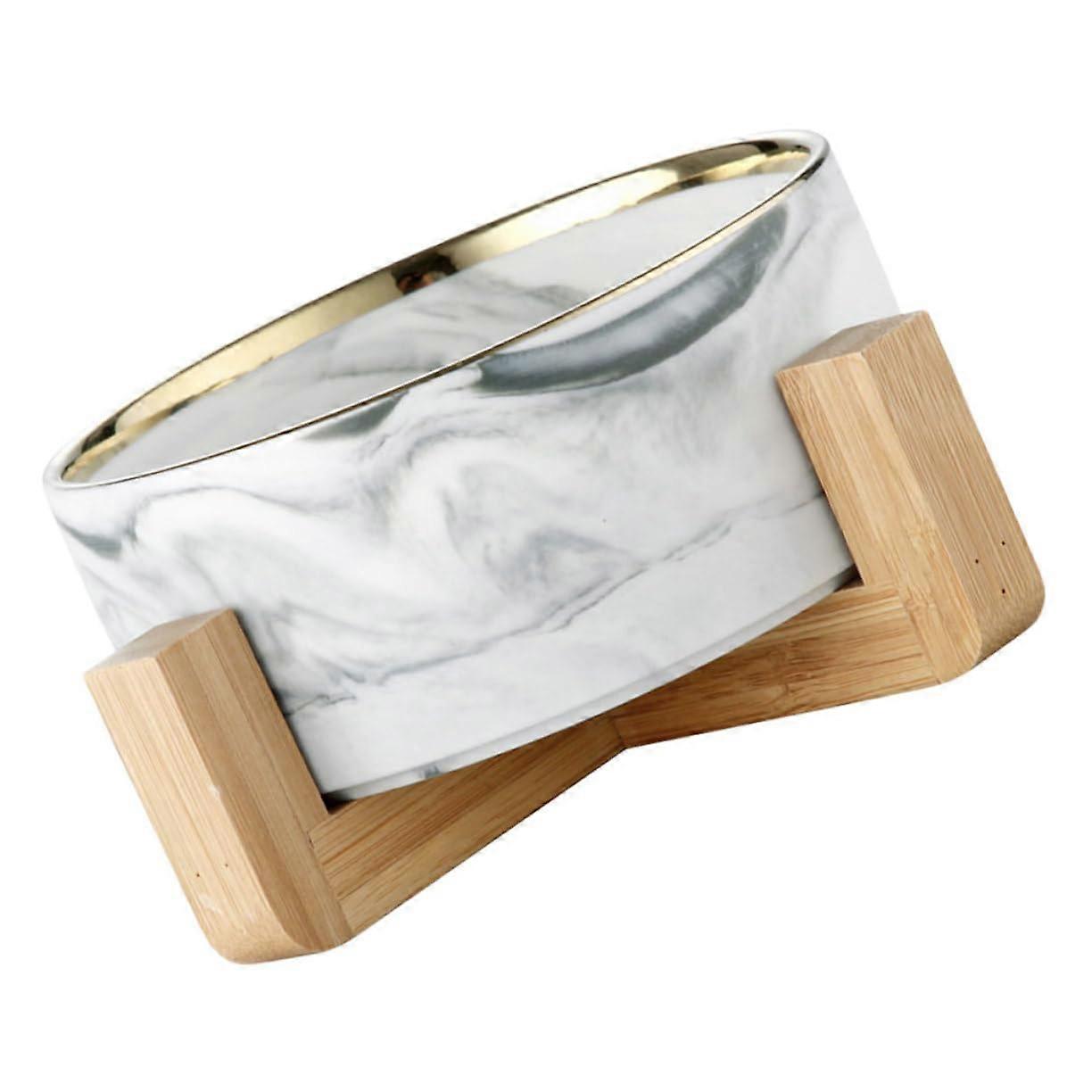 1 Set Marble Pet Bowls Cat Bowls with Wooden Shelf Water Containers (Grey)