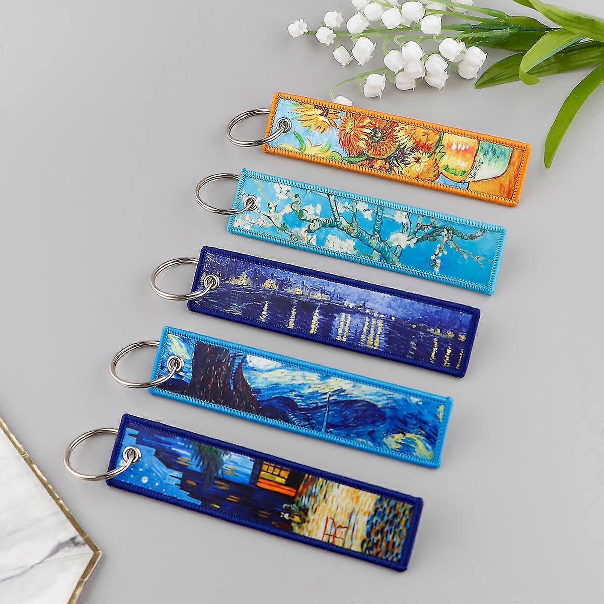 Van Gogh Starry Sky Fashion Embroidery Car Keychain Key Tag Novelty Keychain for Motorcycle Key Keyring Men Friend Gift