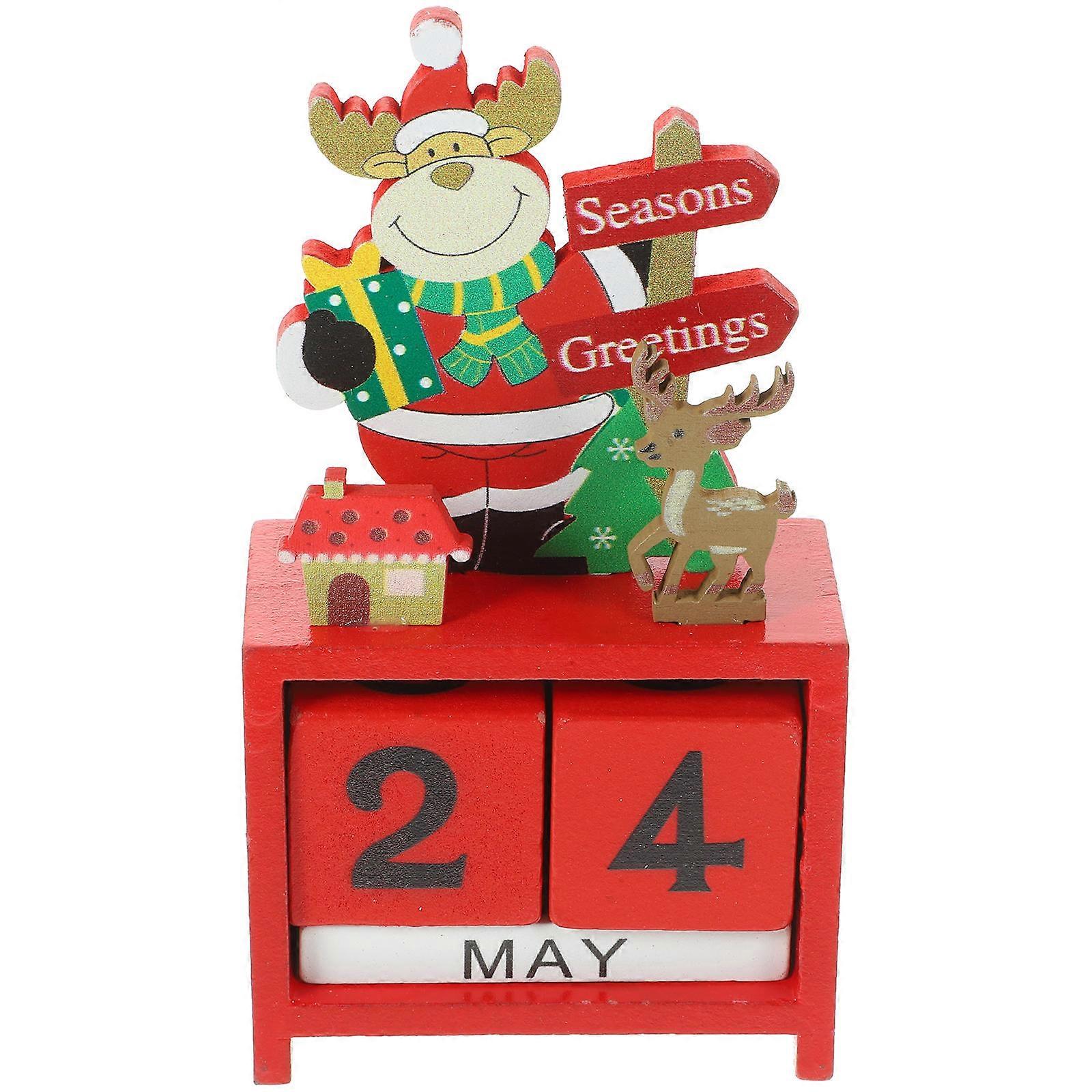 Xmas Wooden Calendar for Decoration Red Christmas Blocks Desktop Ornament