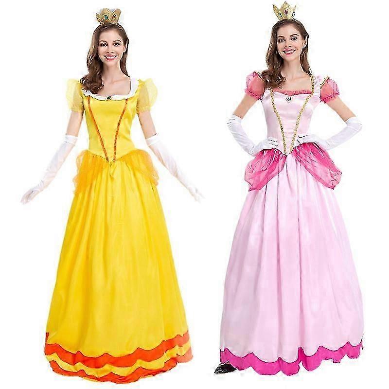 女性のスーパーマリオピーチコスプレコスチュームピンクプリンセスドレス+手袋+ヘッドドレス衣装セットカーニバルパーティースーツ