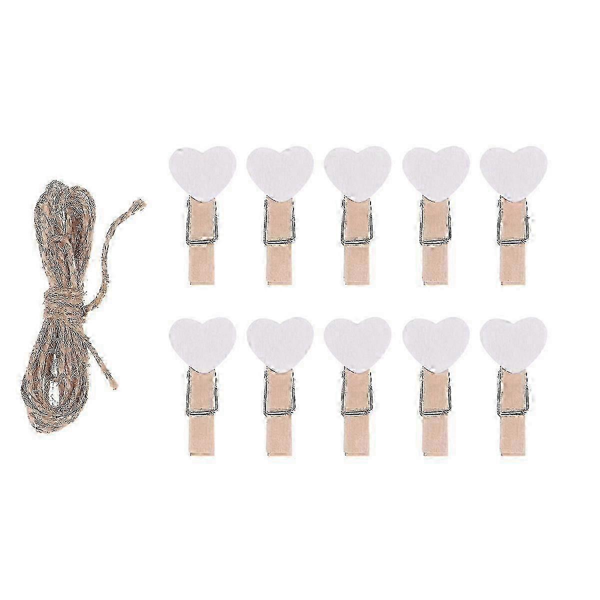 30 st. trähjärtade fotopappersnypor, pysselklämmor, klädnypor med hamparep för bröllopsfestdekor (vit)