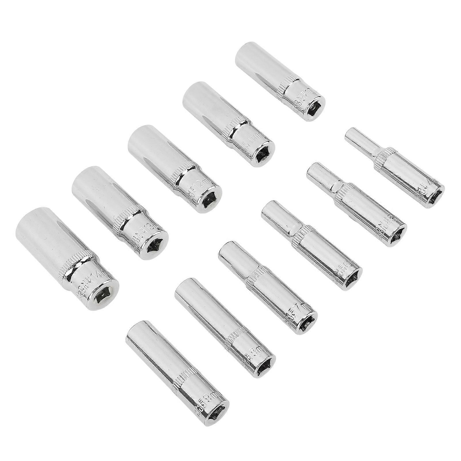 11Pcs 1/4" Hex Extended Socket Set 6-Point Deep 4-14MM Chrome Steel