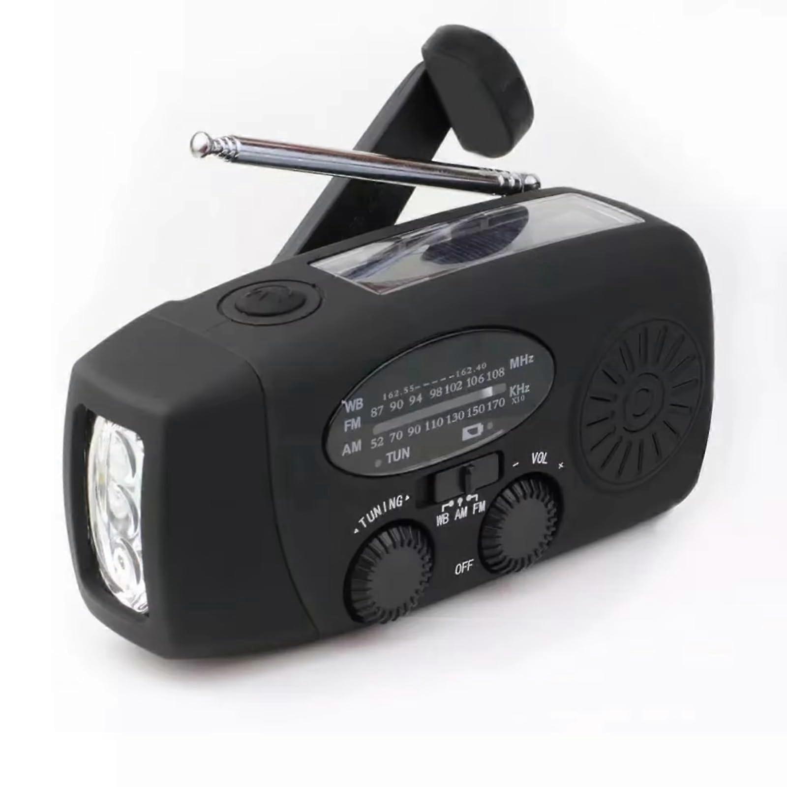 Portable Solar Radio AM/FM NOAA Weather Radio, Hand Crank Dynamo, 2000 mAh Battery, USB Phone Charger, LED Torch, Black