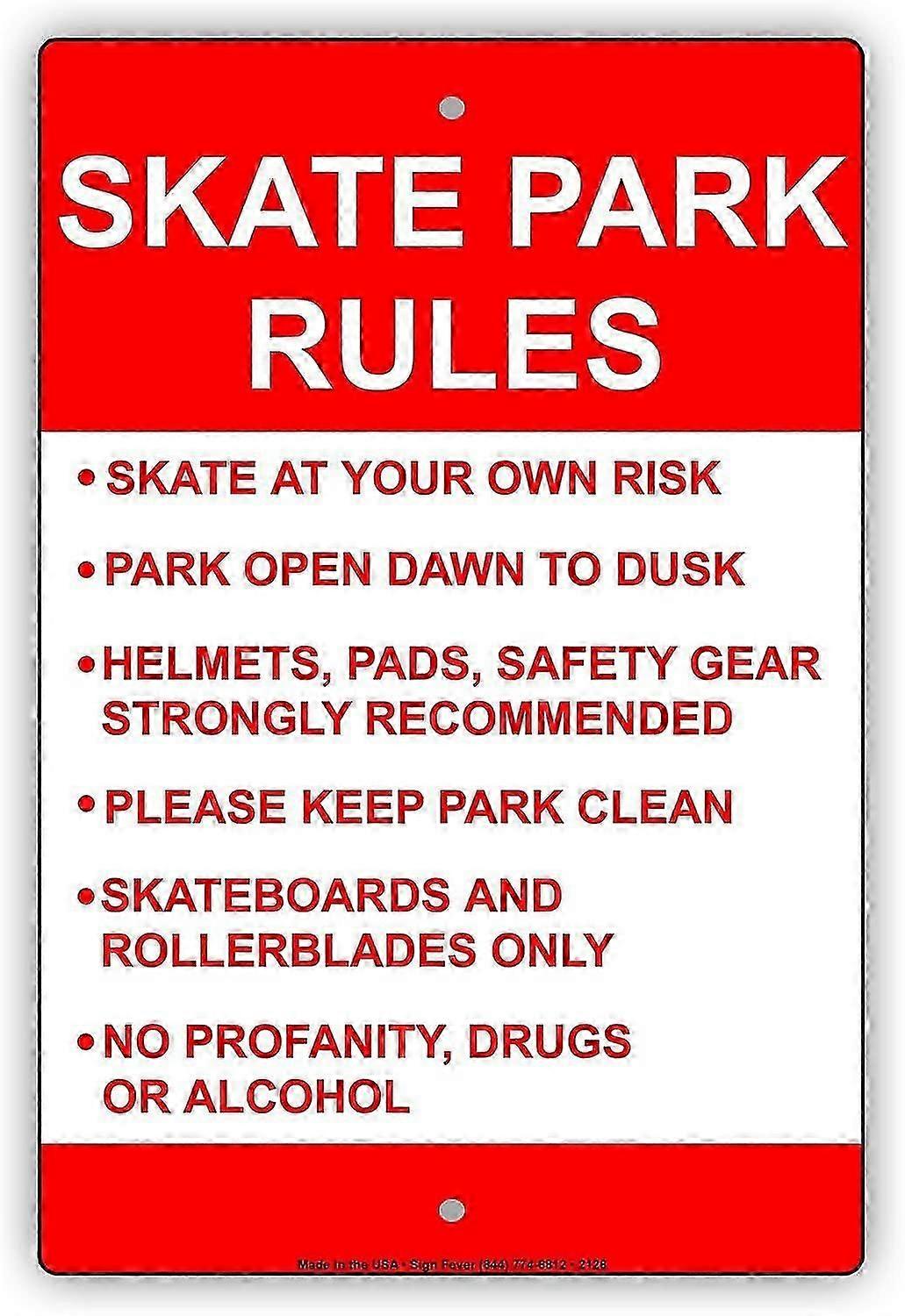 Skate Park Rules Risk Open Safety Clean Profanity Drugs Alcohol Restriction Caution Warning Notice A