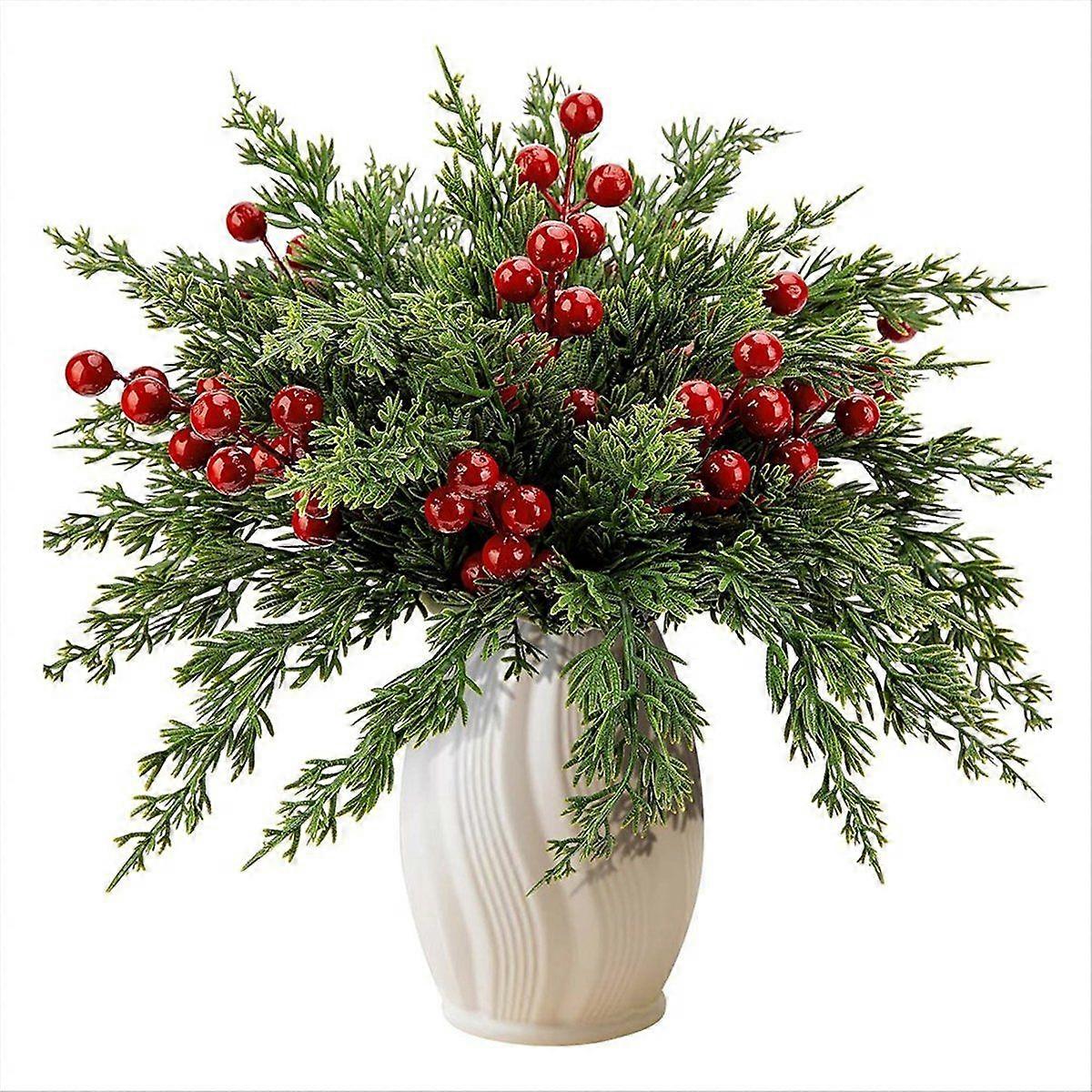 45 Pcs Christmas Artificial Pine Branches with Red Berry Stems,Faux Evergreen Norfolk Pine Cypress