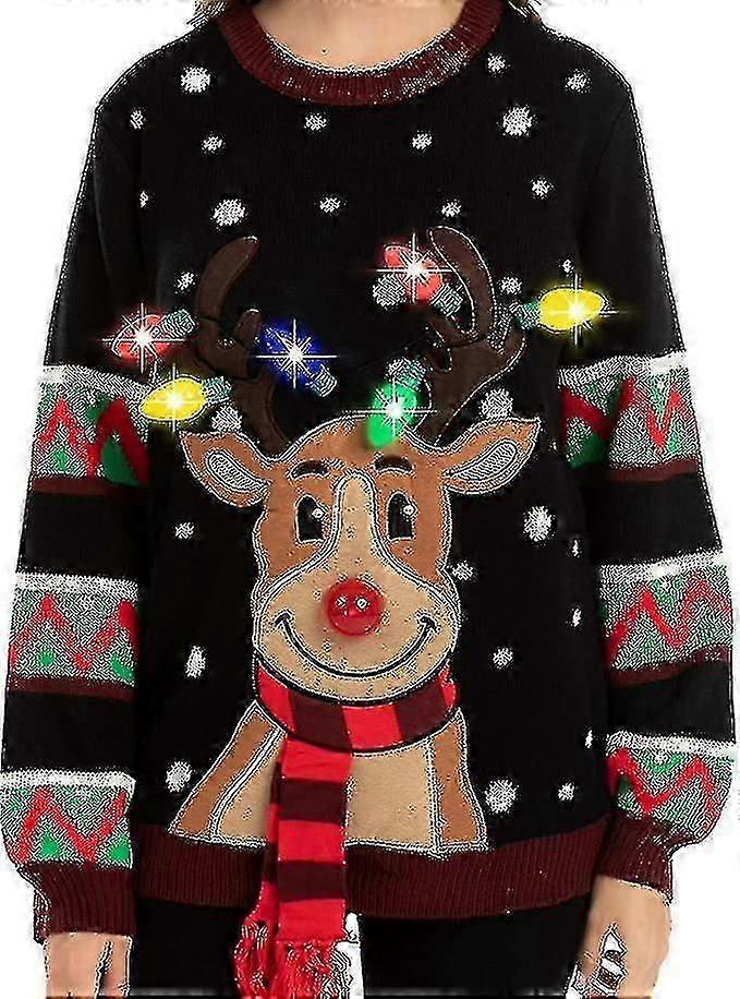Pull de Noël moche pour femme avec renne lumineux LED et ampoules intégrées