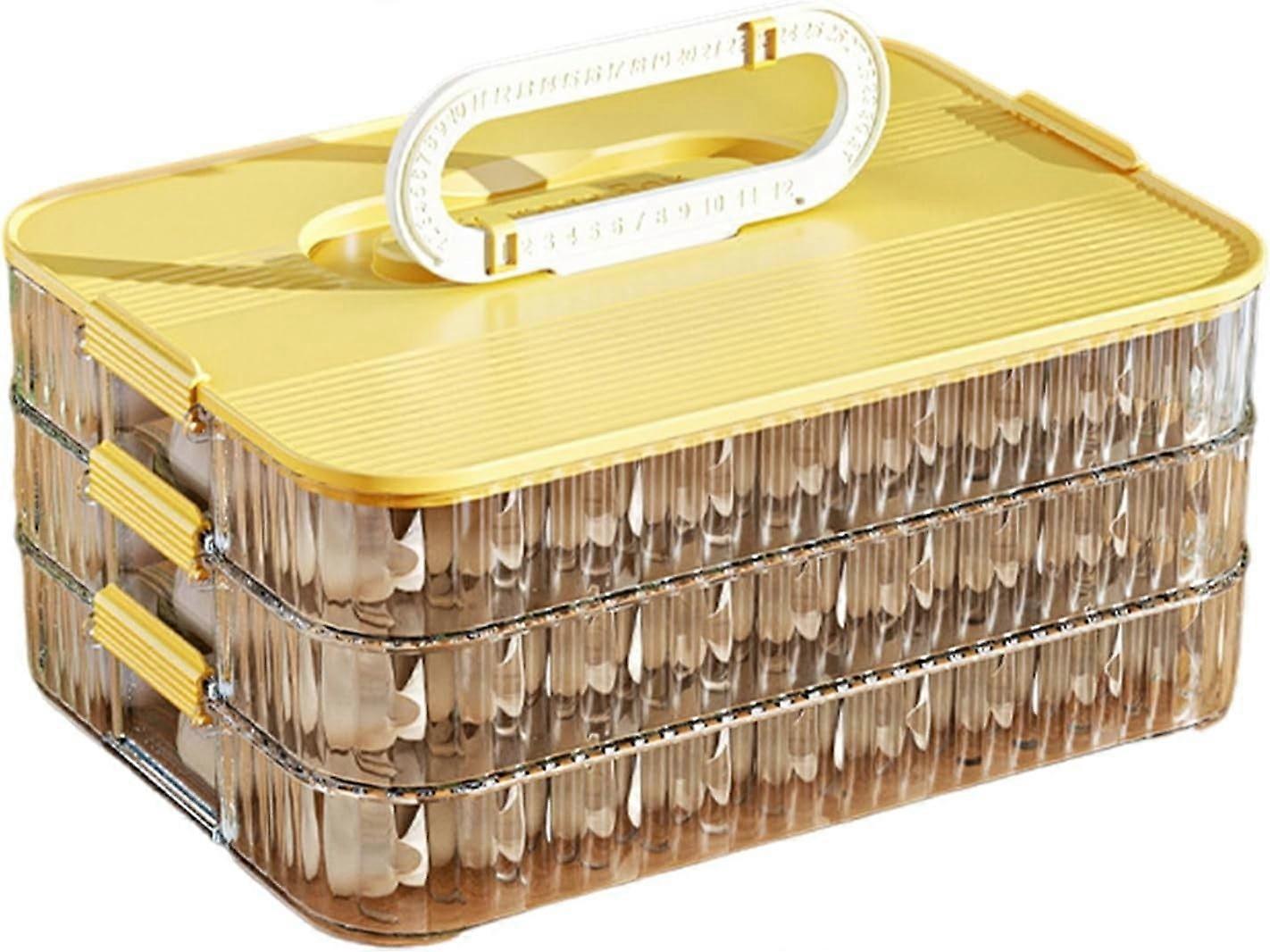 Begine 3-Layer Yellow Food Storage Box with Lid, Compatible with Freezer, Space-Saving Dumpling Container, Efficient Food Organizer