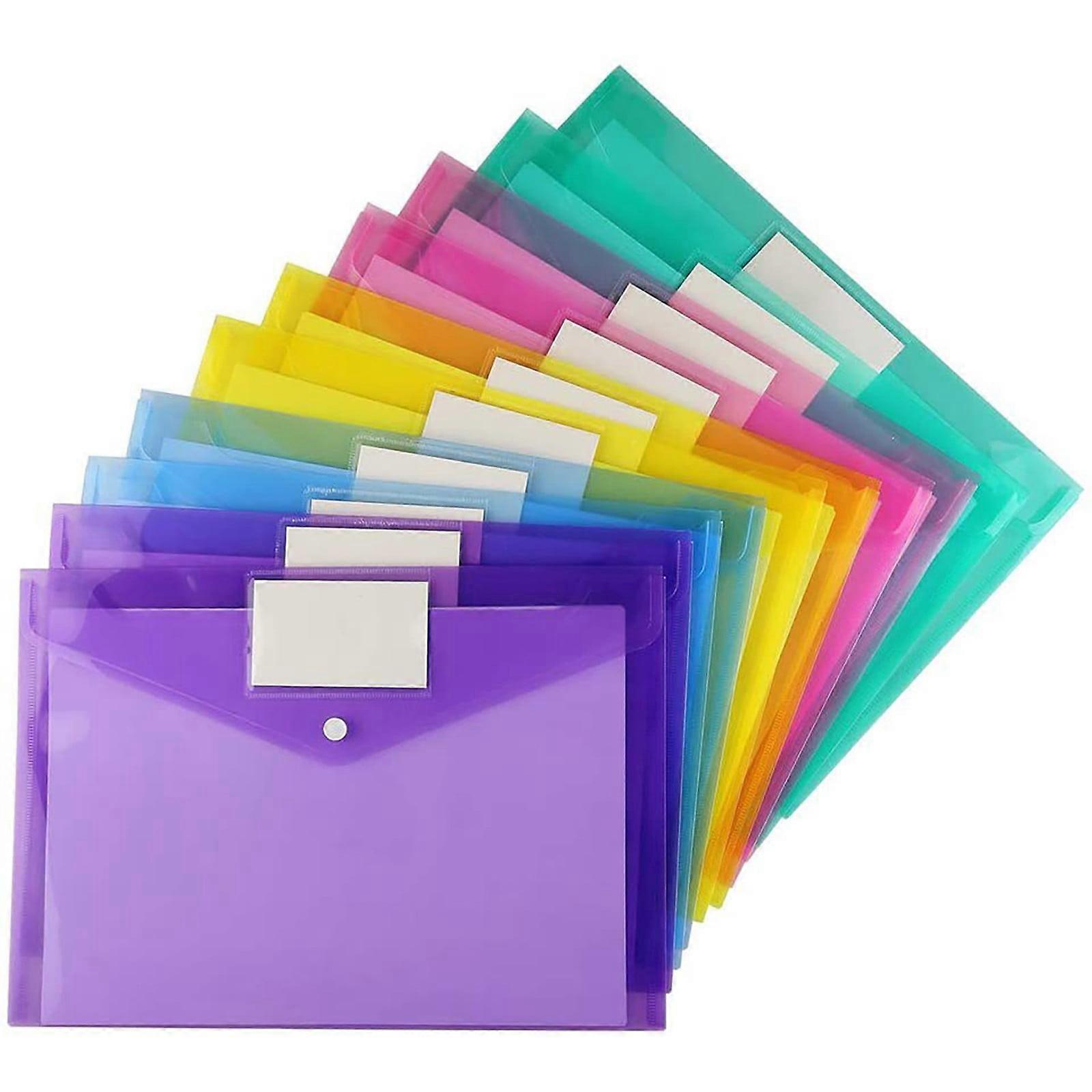 12 Pack Plastic Document Folders, Compatible with US Letter & A4, Clear Poly Envelopes with Label Pocket & Snap Button for Office Organization,