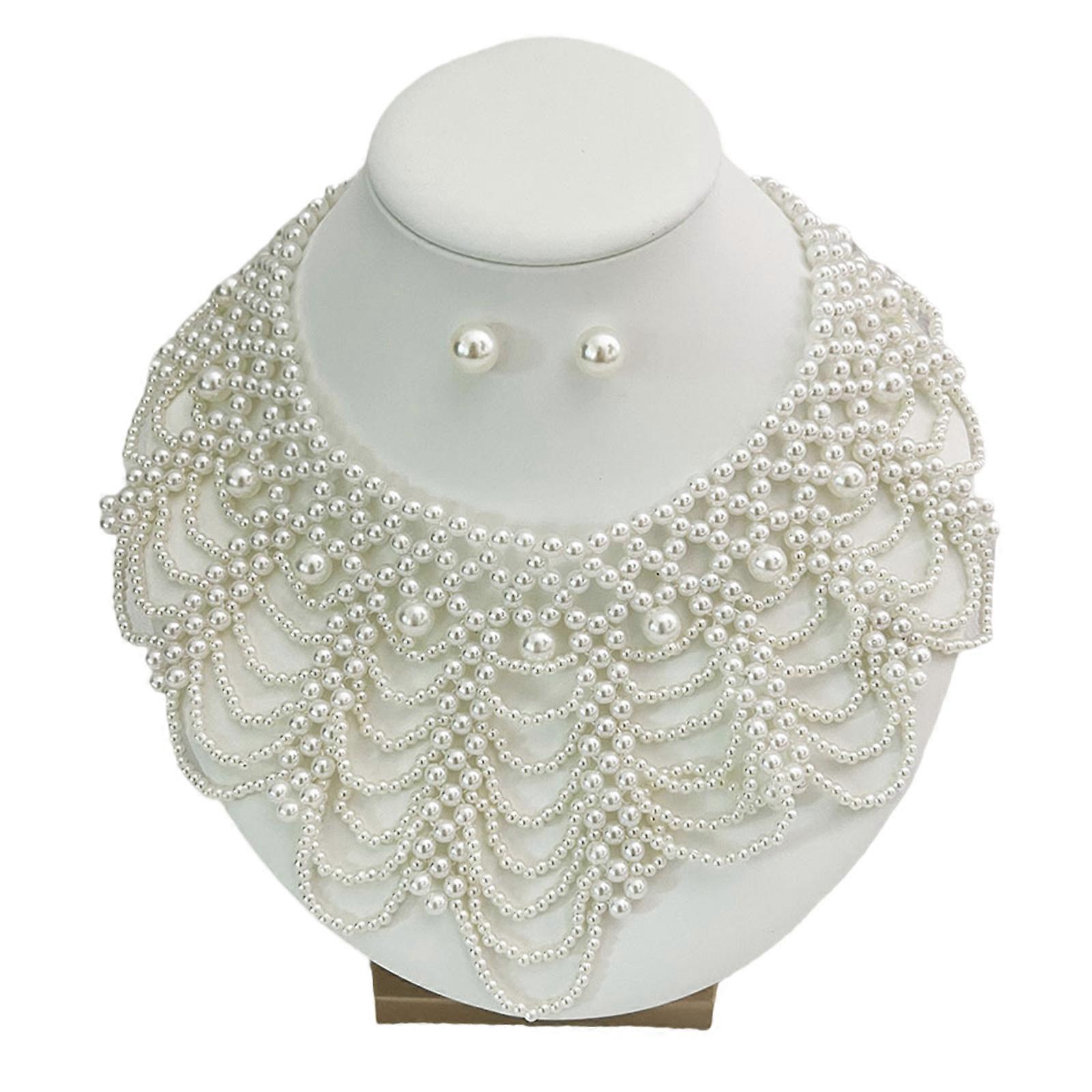 Multi Layer Bohemian Beaded Necklace Faux Pearls Collarbone Jewelry With Secure Clasp For Casual or Formal  White