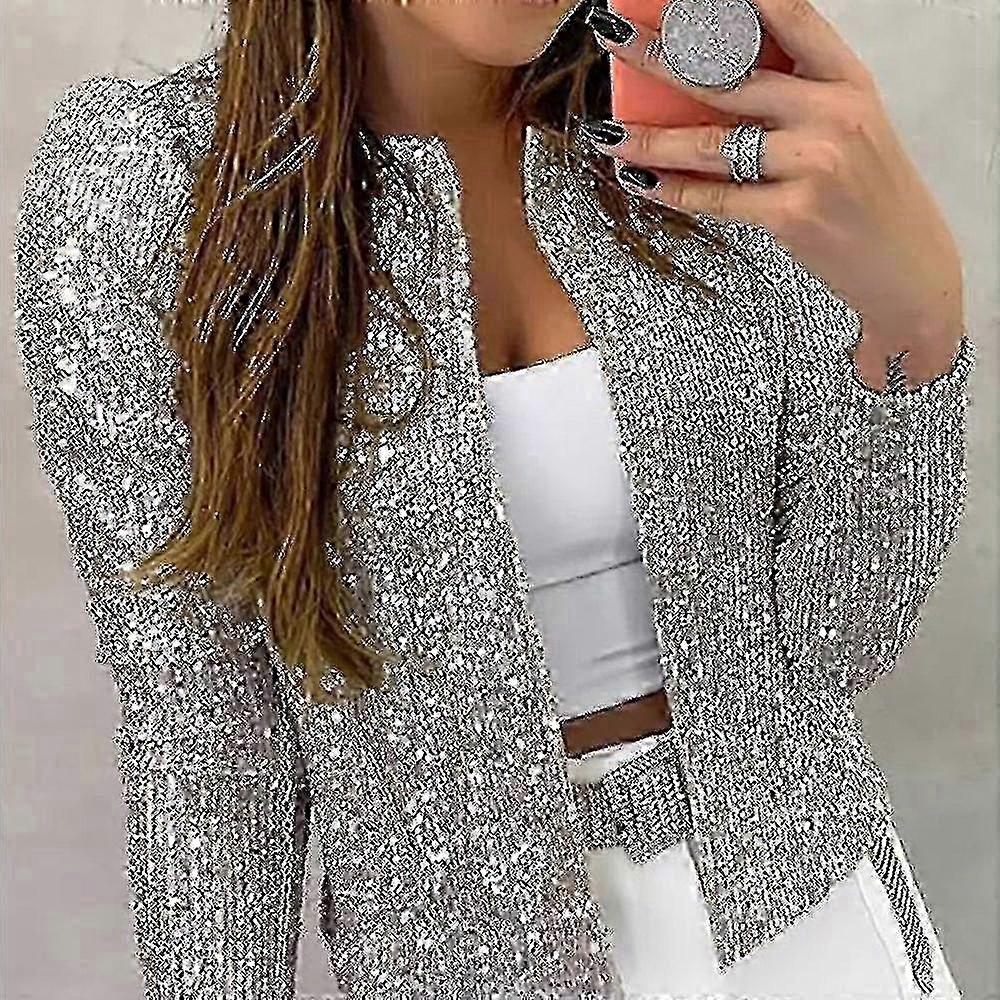 Long-Sleeve Sparkling Sequin Casual Women's Coat with Open Front Design
