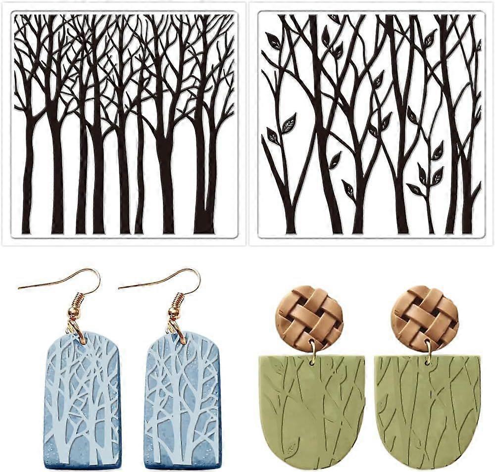 2PCS Polymer Clay Texture Sheets Silicone Texture Stamp Tree Branch Silicone Polymer Stamp Sheet Modeling Pattern Pad for Pottery Earrings Jewelry Mak