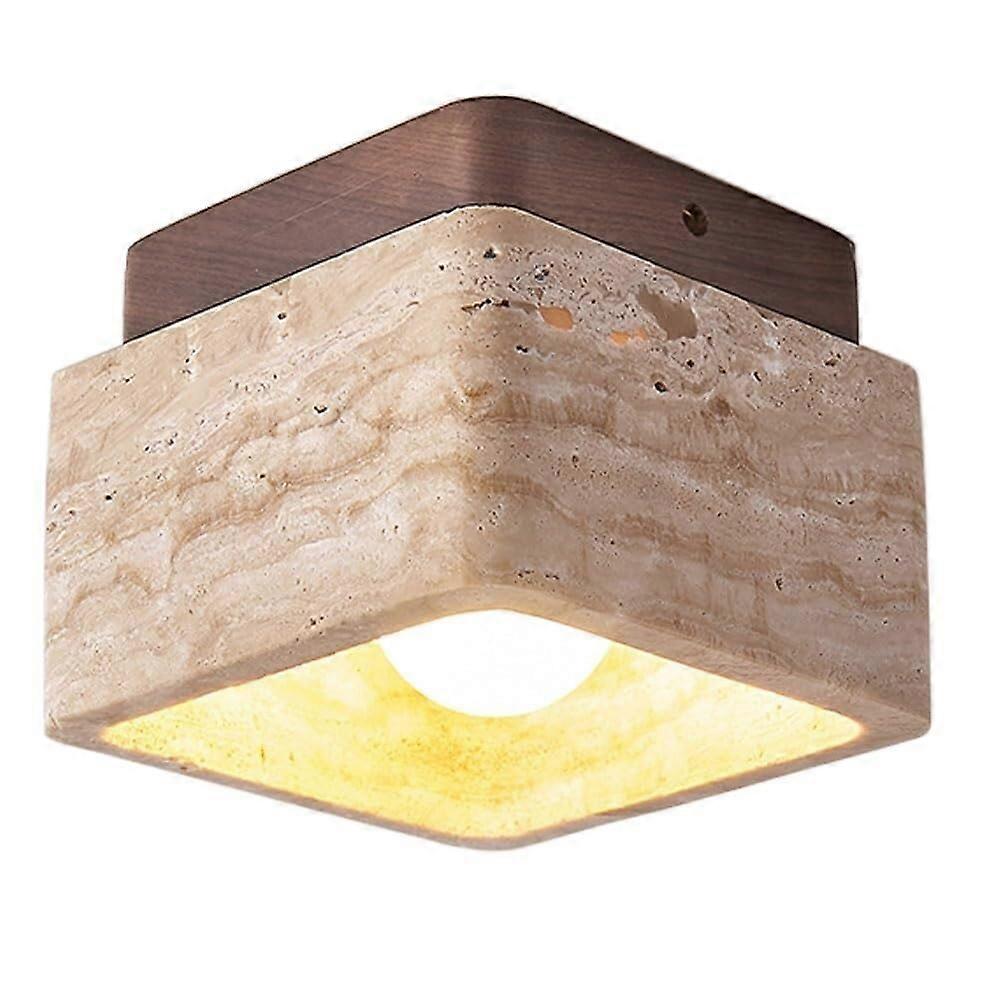 Semi Flush Mount Ceiling Light Fixture, Yellow Travertine Shade, Solid Wood, E27 Base, Warm Lighting