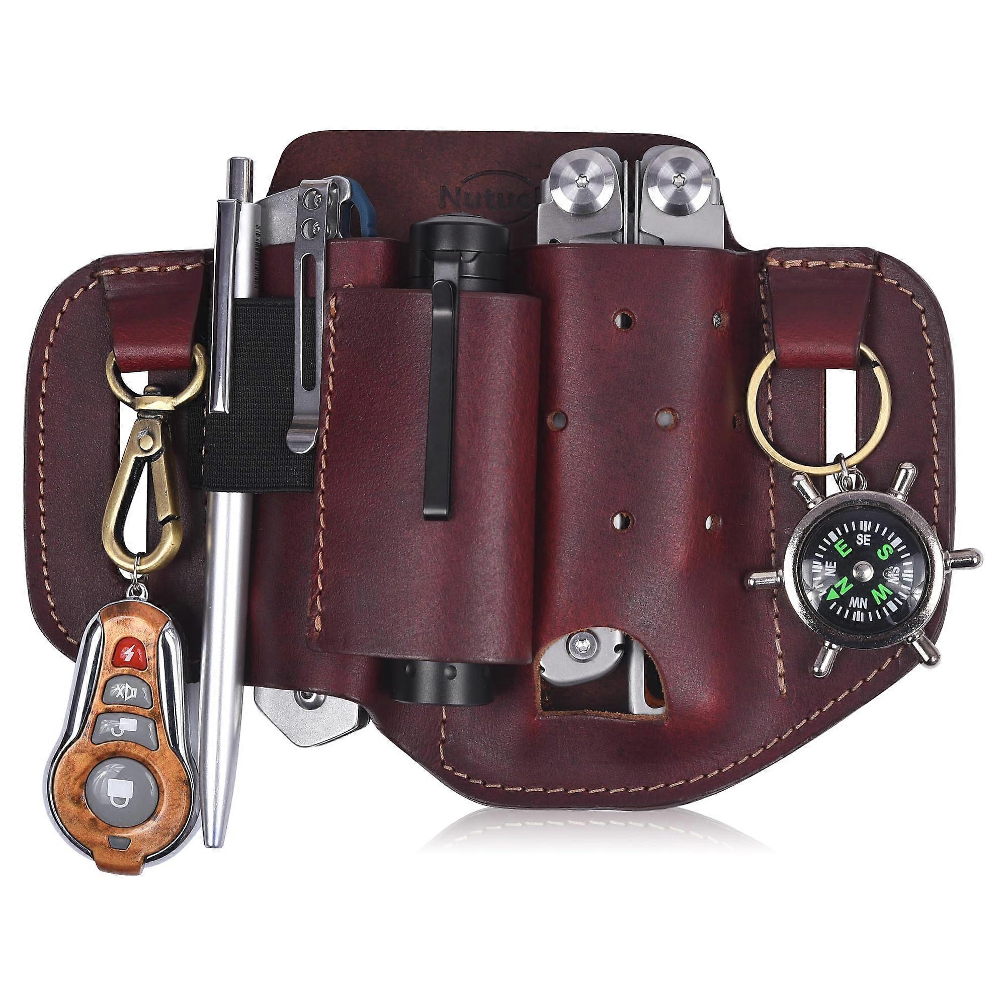 Leather EDC Multitool Sheath with Flashlight Holster, HeavyDuty Leather Belt Tool Organizer for Gear