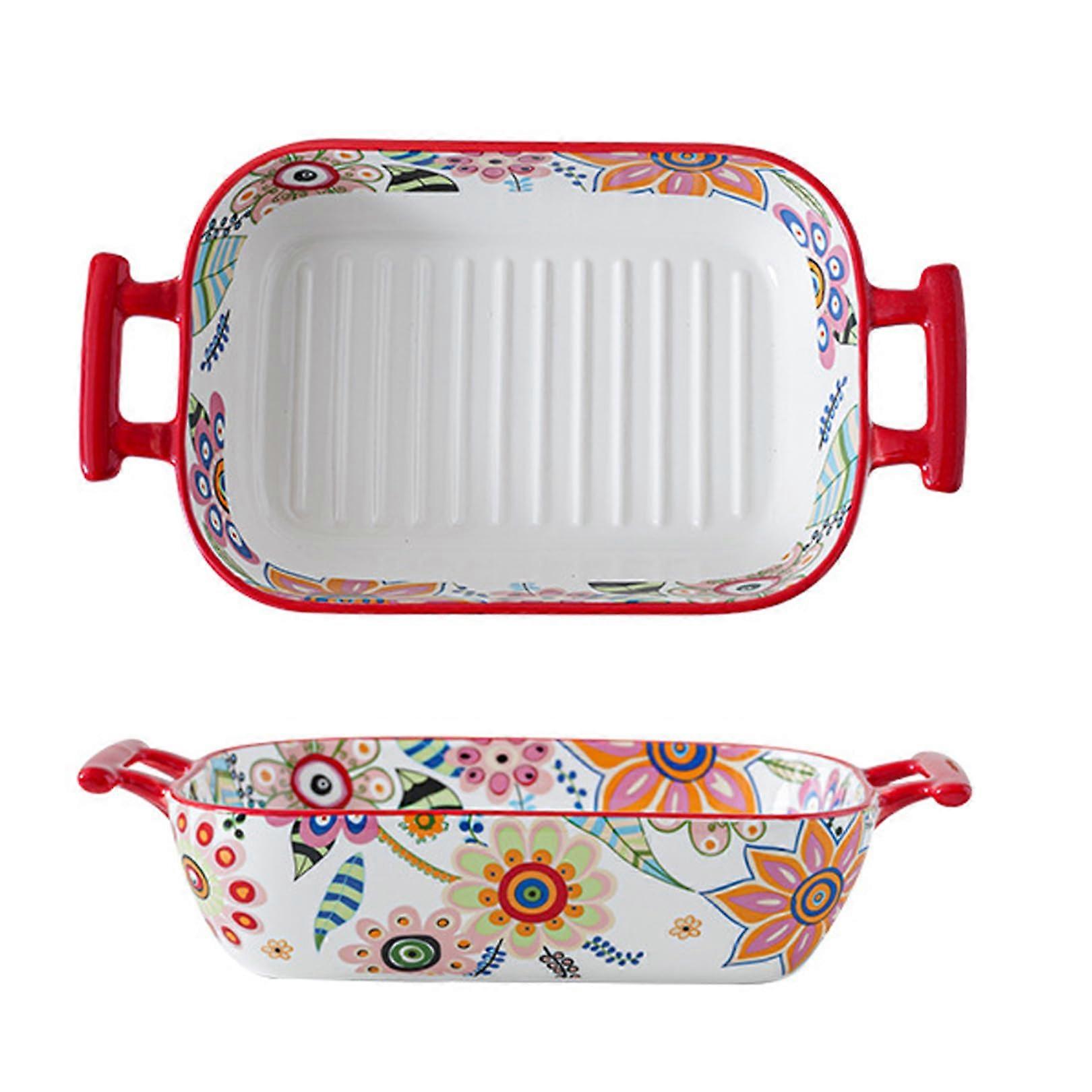 Ceramic Baking Dish with Handles, HandPainted Stoneware Lasagna Pan, Oven Safe Kitchen Bakeware
