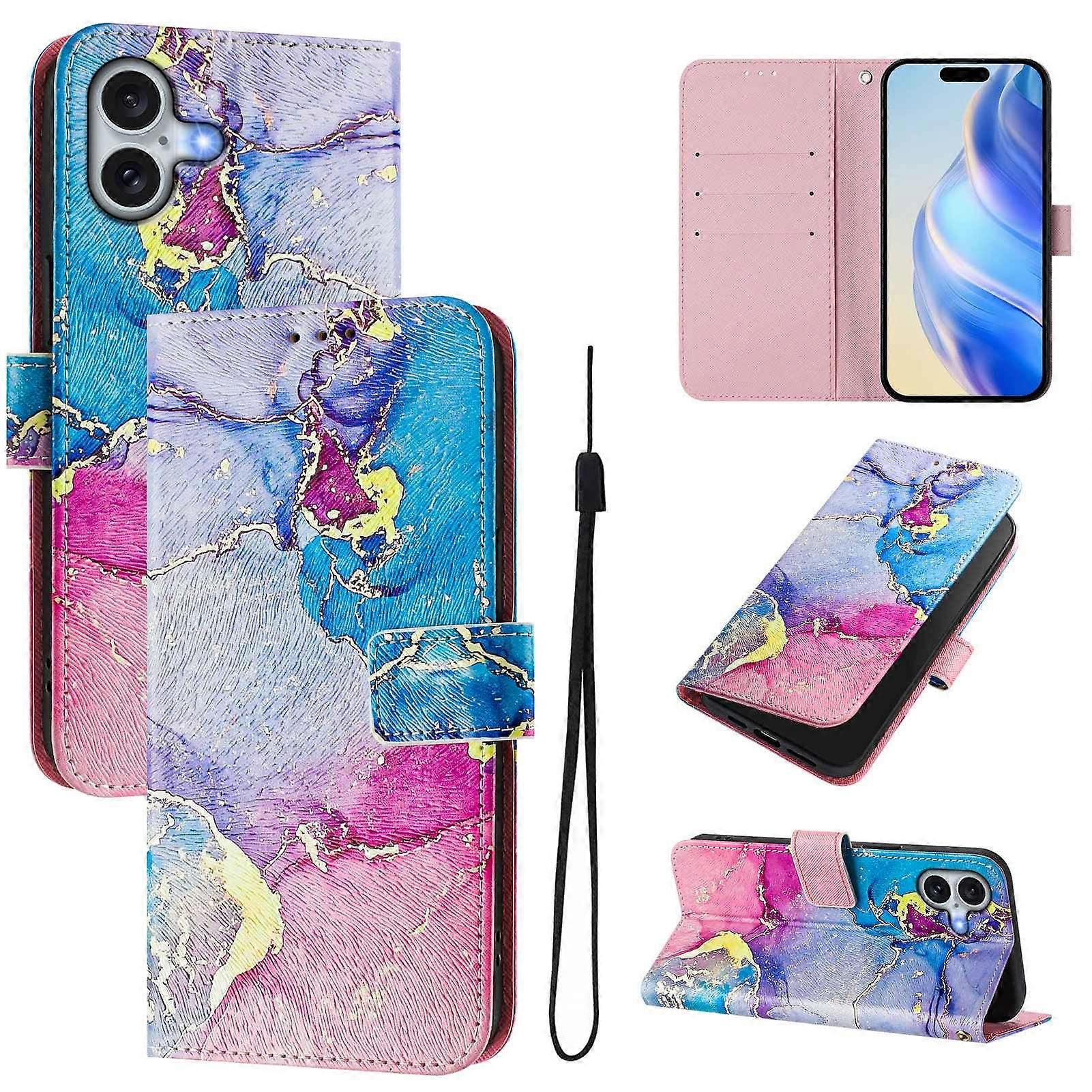 For iPhone 16 Plus Case Pattern Printing Wallet Phone Cover with Strap